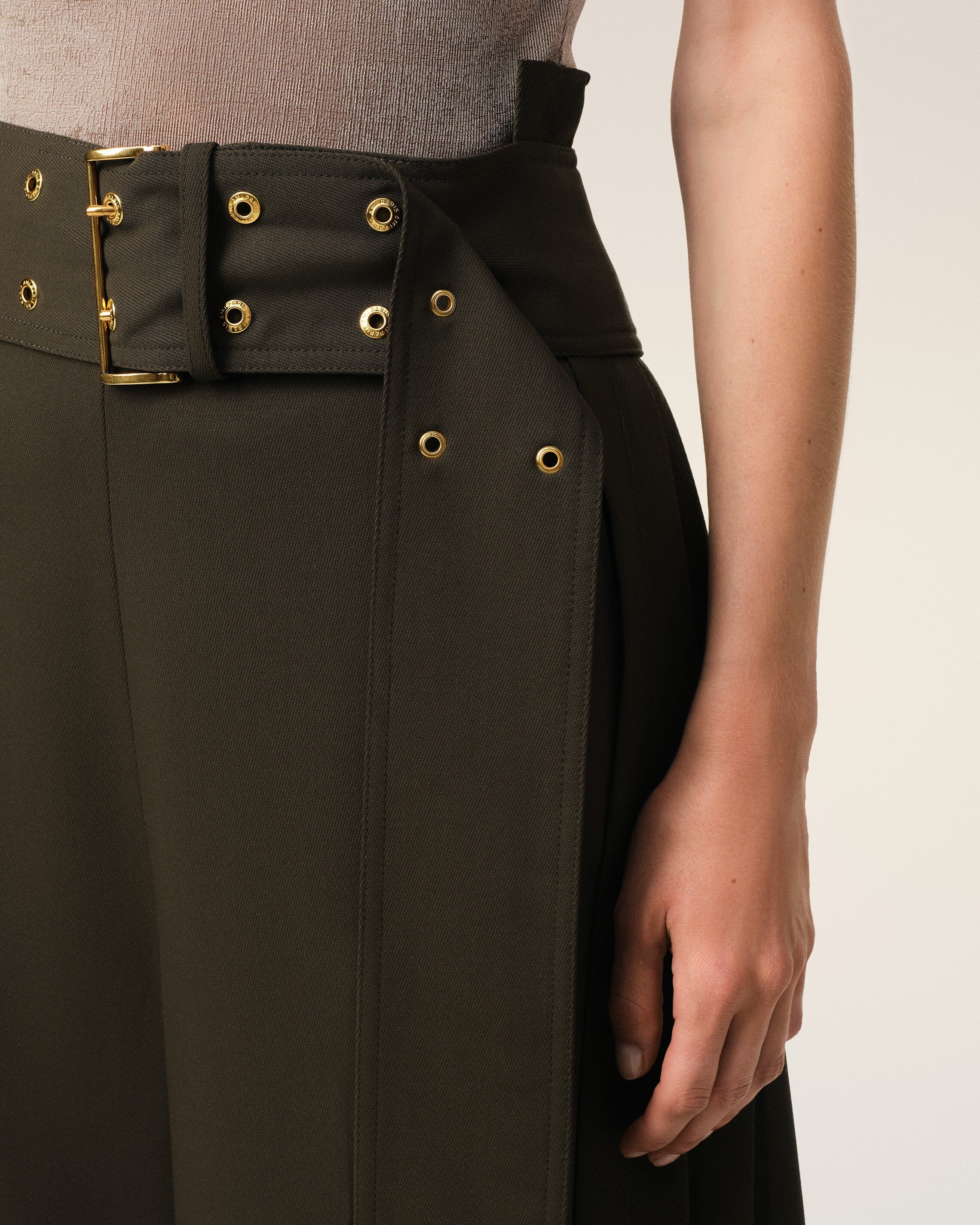 GREEN WOOL TWILL BELTED PLEATED SKIRT - 5