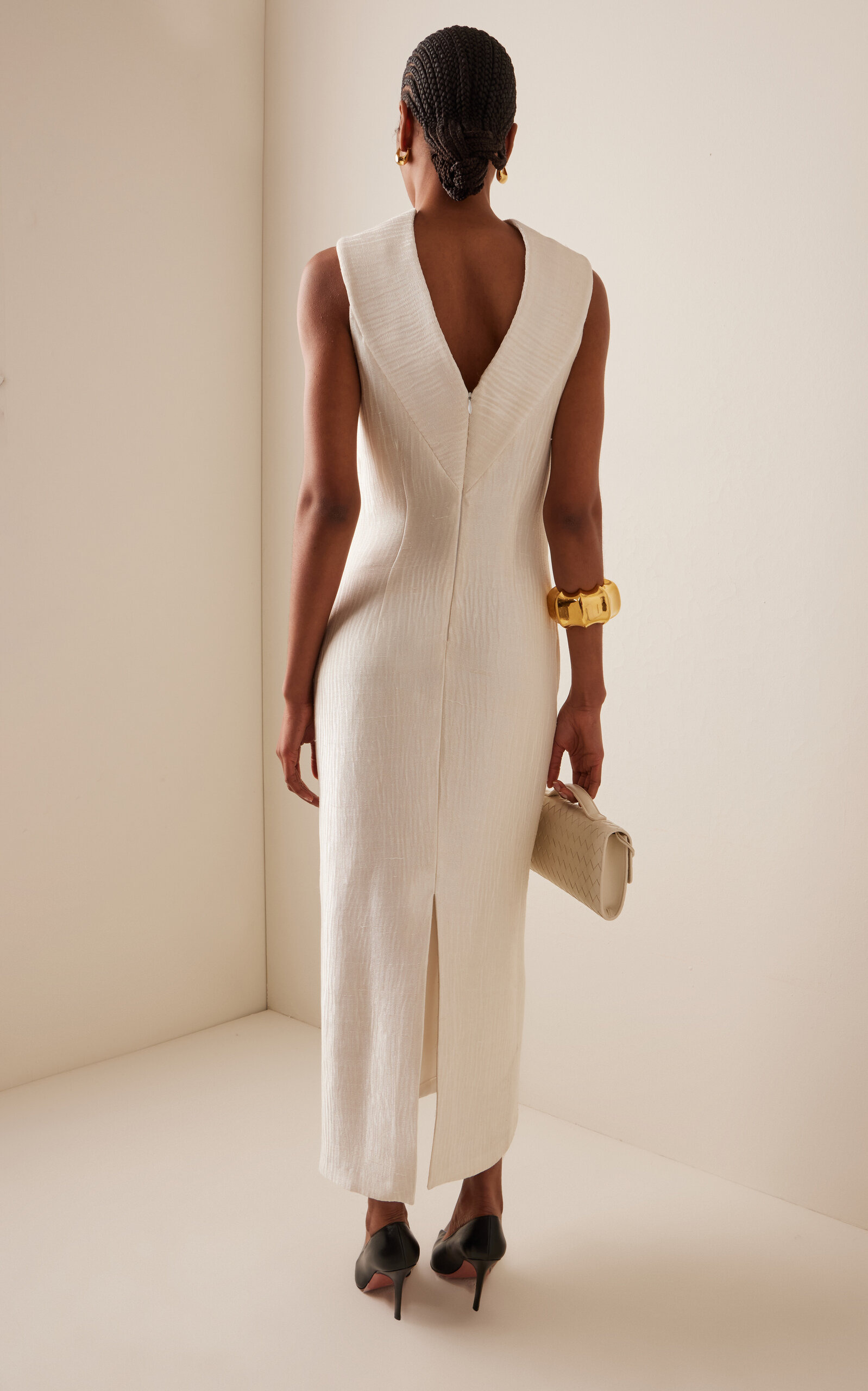 The Blair Pleated Sponge Silk Midi Dress off-white - 4
