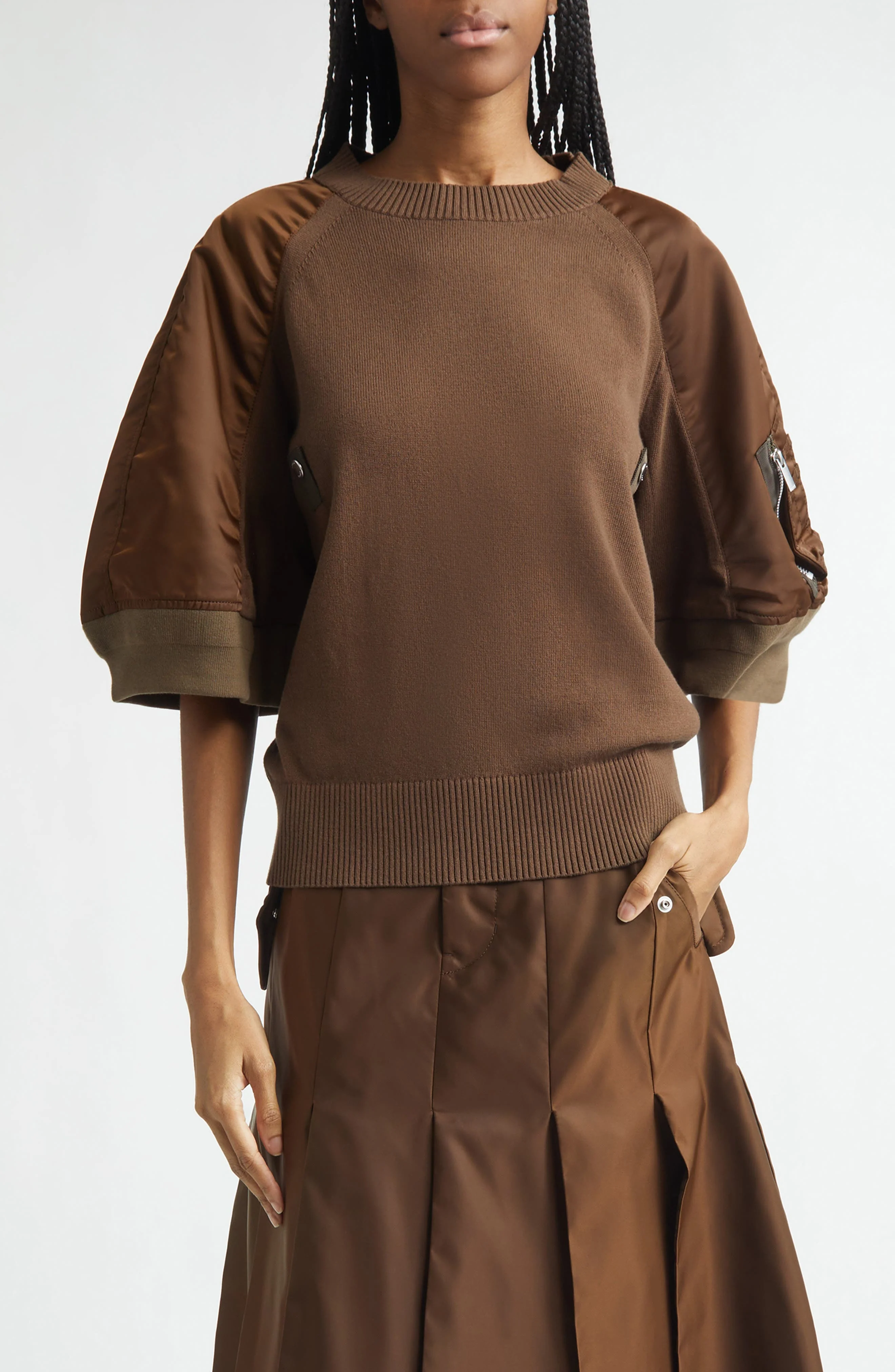 Sacai Mixed Media Knit & Nylon Twill Cardigan in Brown at Nordstrom - 1