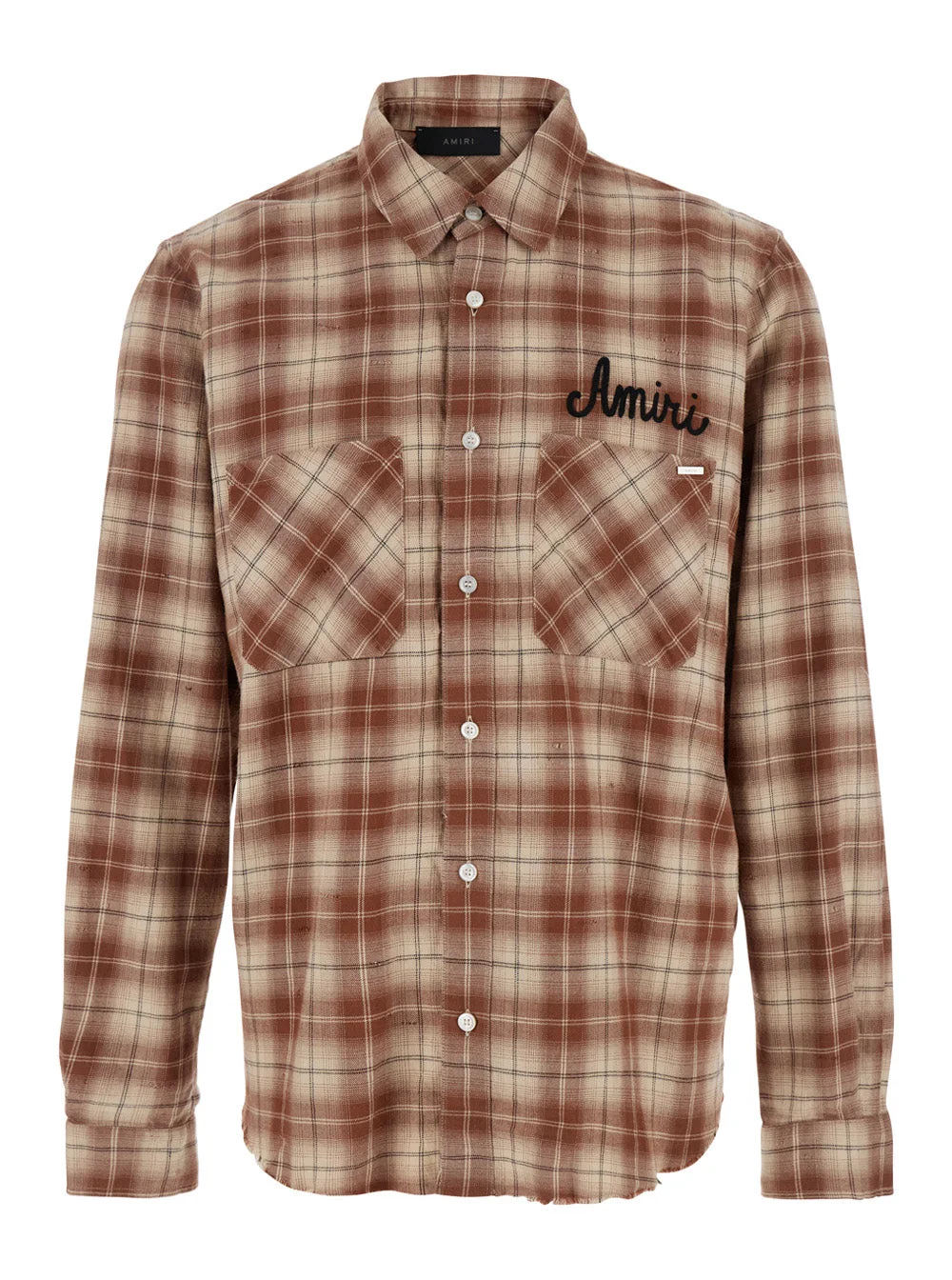 Amiri Men 'Shotgun' Beige Shirt With Logo Print On Front And Rear And All-Over Check Motif In Cotto - 1