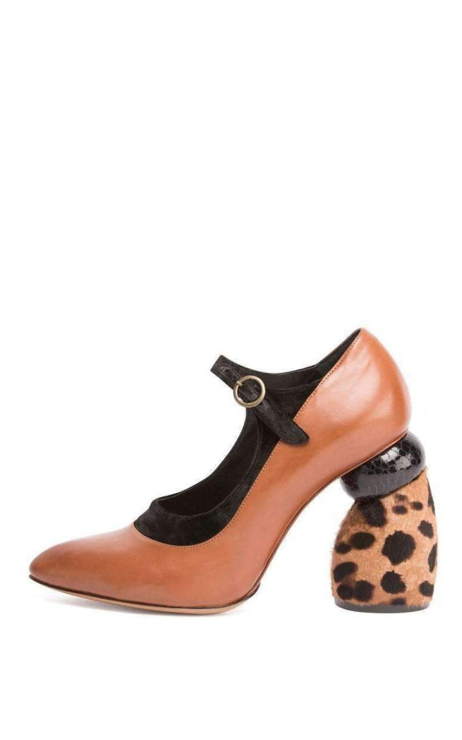 Camel Leopard Leather Mary Jane Shoes - 2