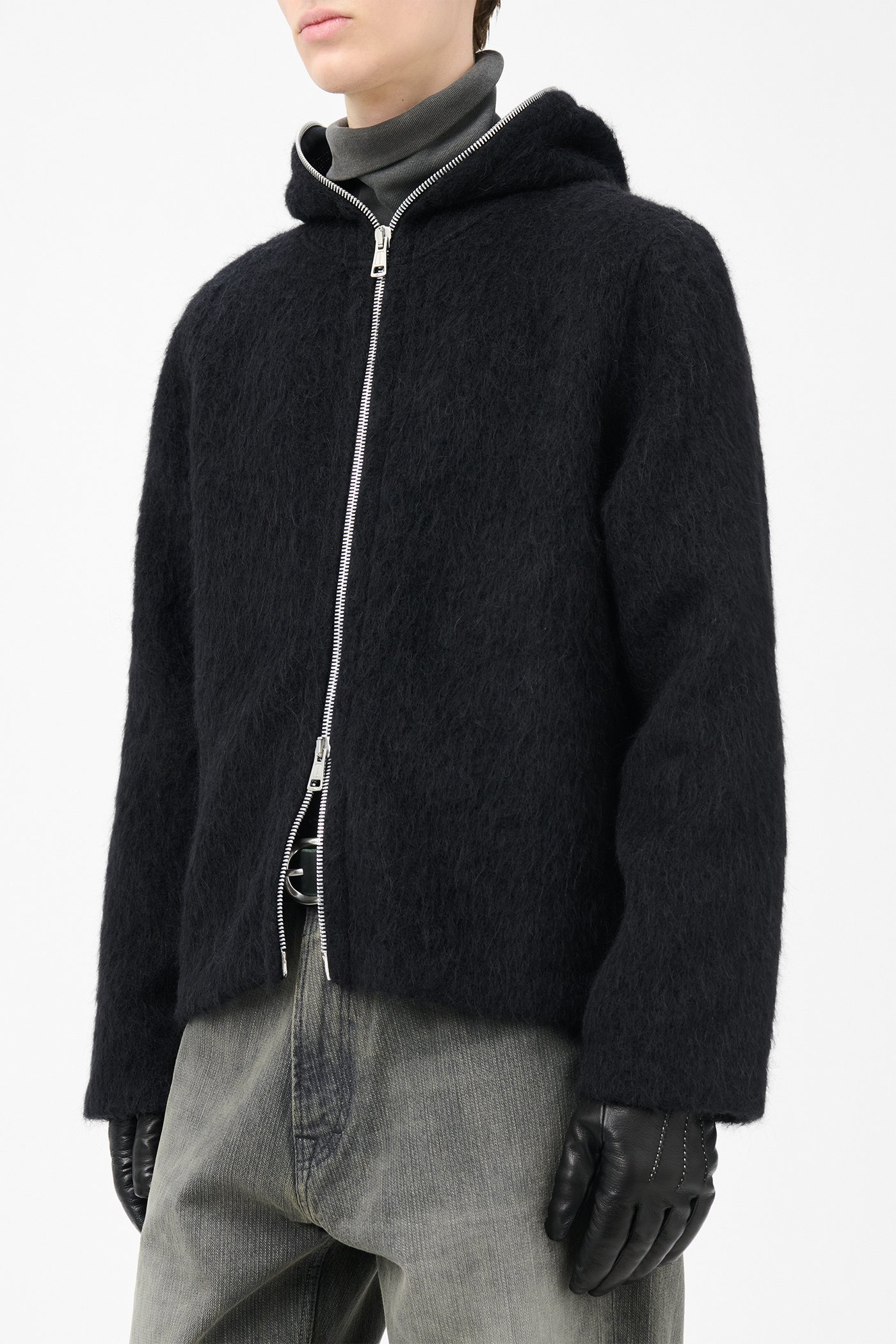 Full Zip Hood Black Hairy Wool - 4