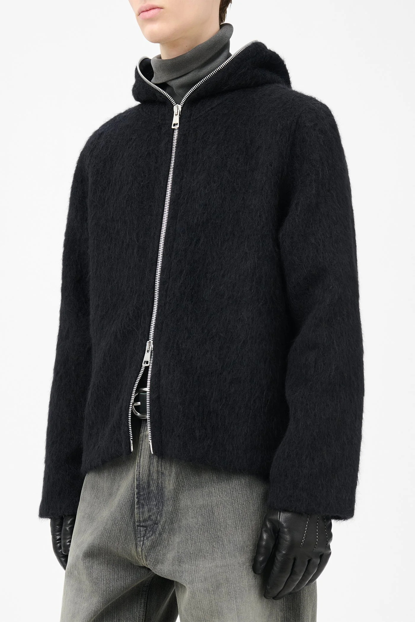 Our Legacy Full Zip Hood Black Hairy Wool | REVERSIBLE