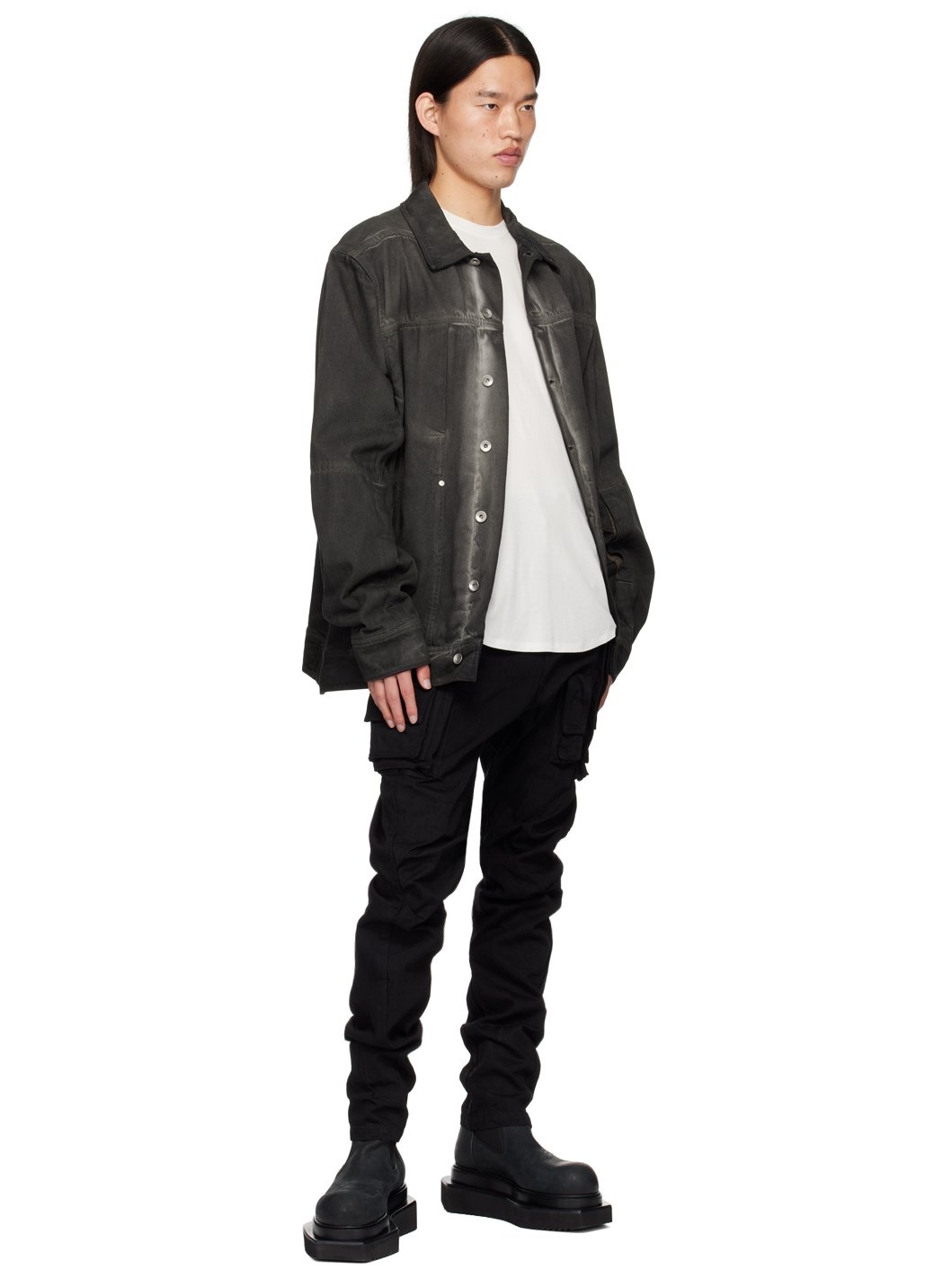 Black Pleated-Knee Denim Cargo Pants - 4