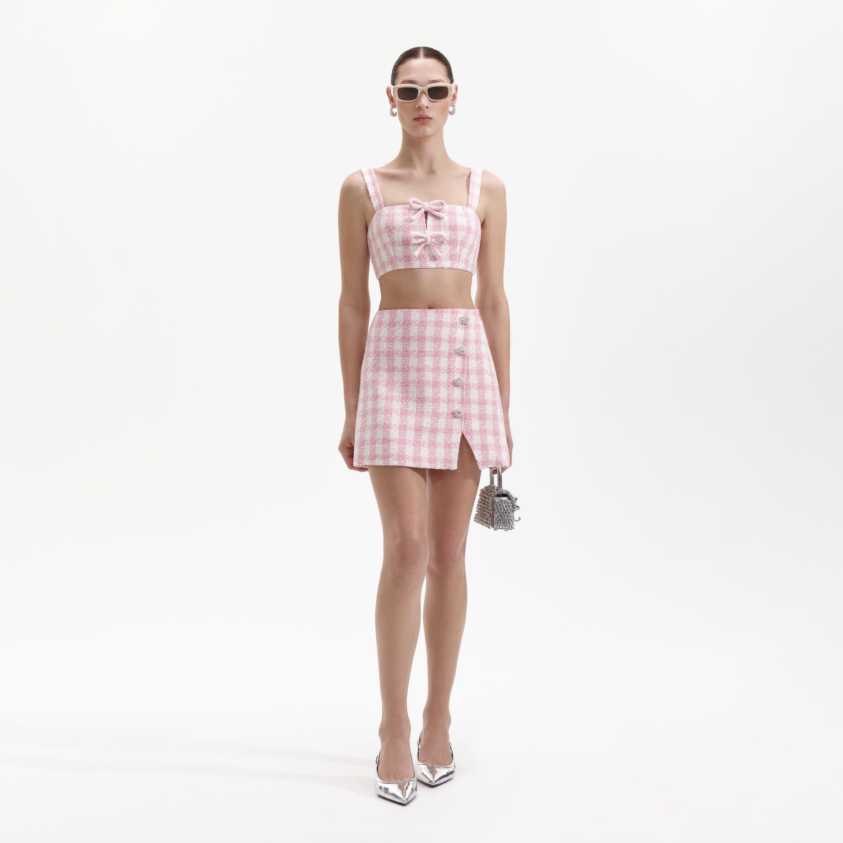 Pink Check Boucle Crop Top - 1
