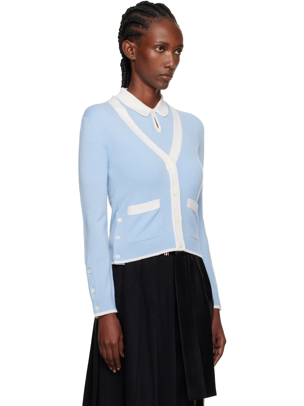 Blue Jersey Stitch Cashmere V-Neck Cardigan - 2