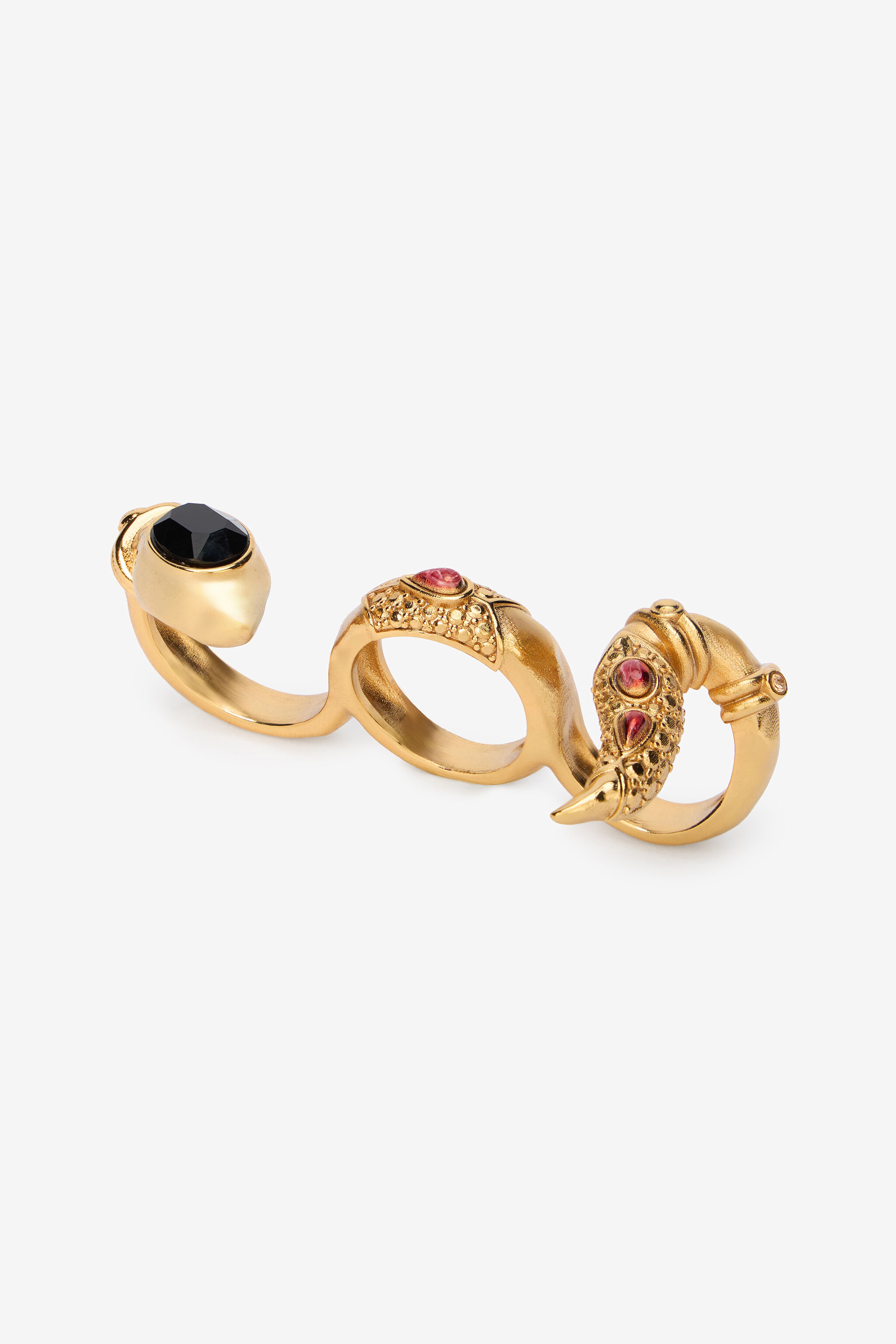 Three-Finger Golden Ring With Black Stones And Ruby - 3