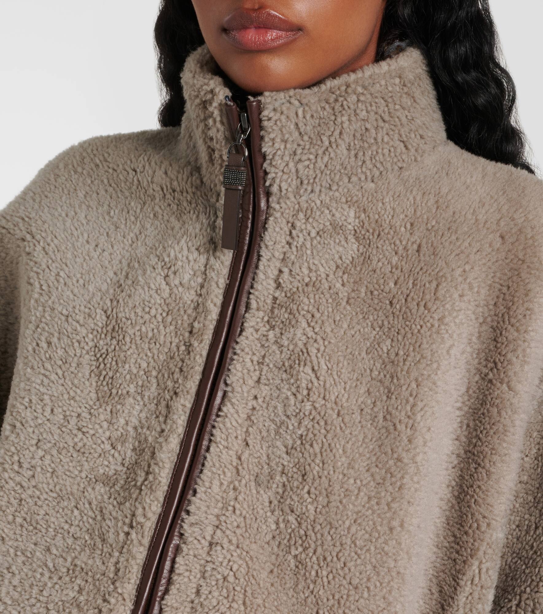 Monili leather-trimmed shearling jacket - 4