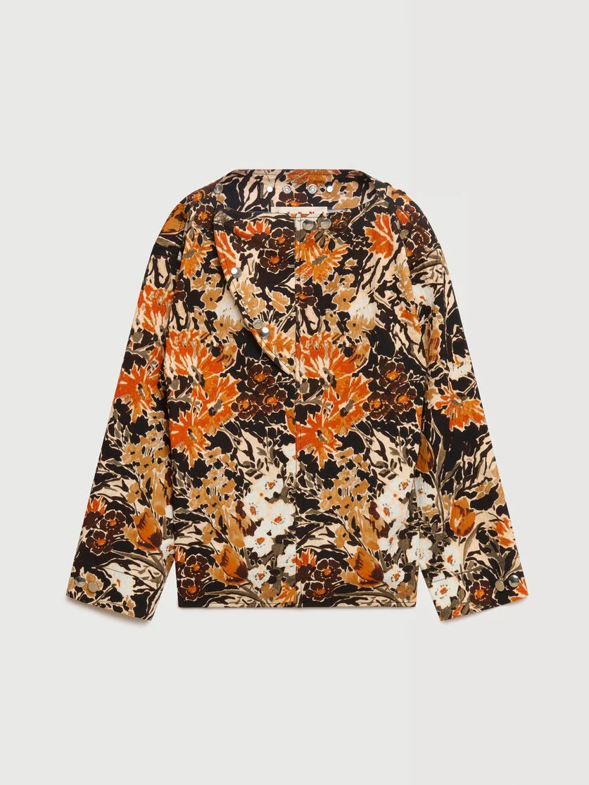 BLACK CLOQUÉ TOP WITH EXTREME BOUQUET PRINT - 1