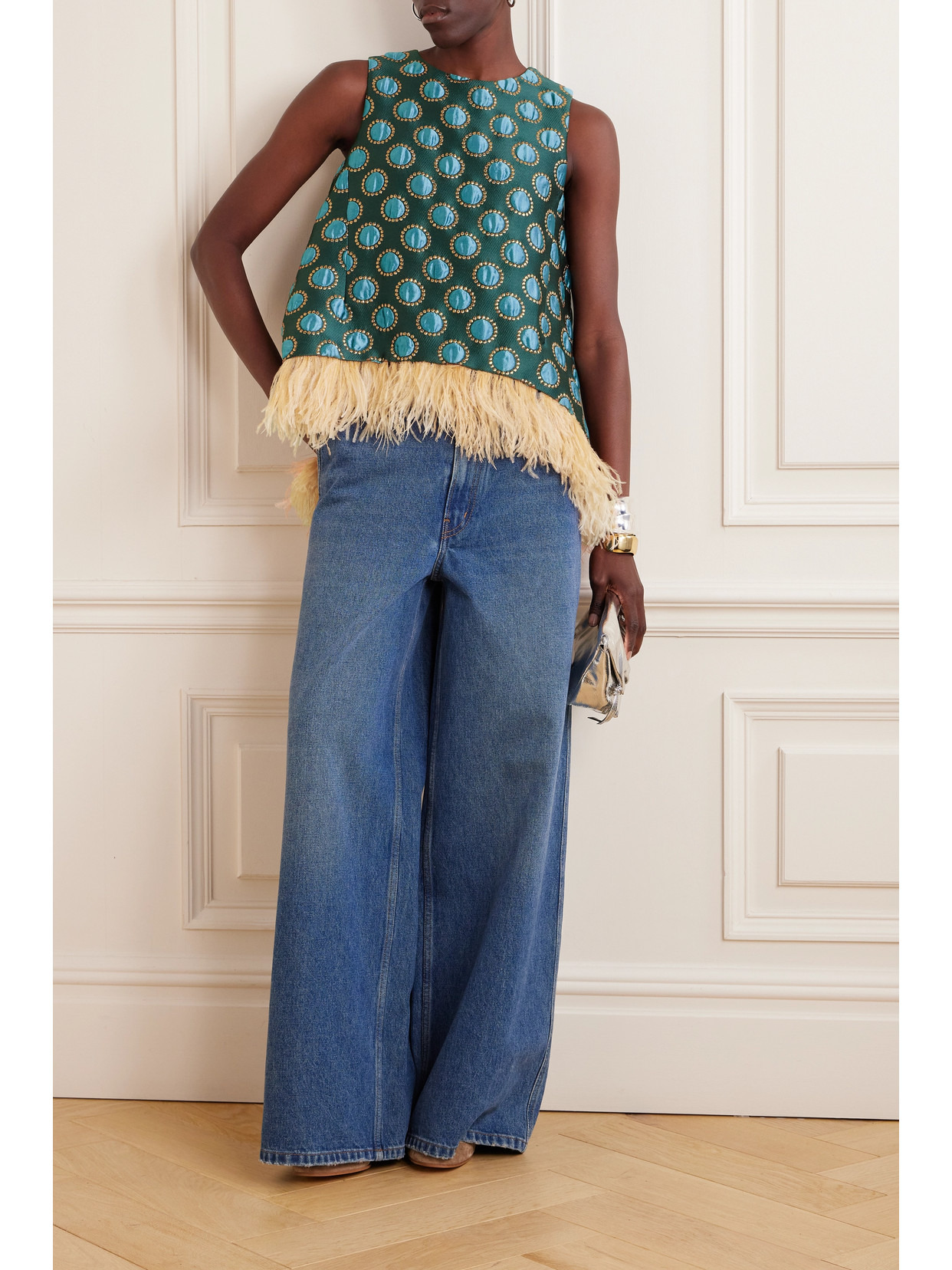 La Scala Asymmetric Feather-trimmed Metallic Jacquard Top - 2