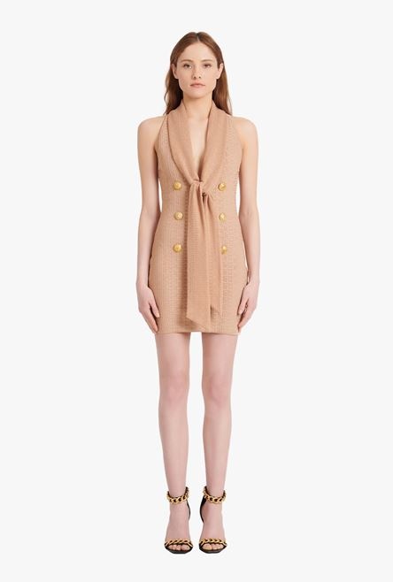 Short beige eco-designed knit dress with Balmain monogram - 4