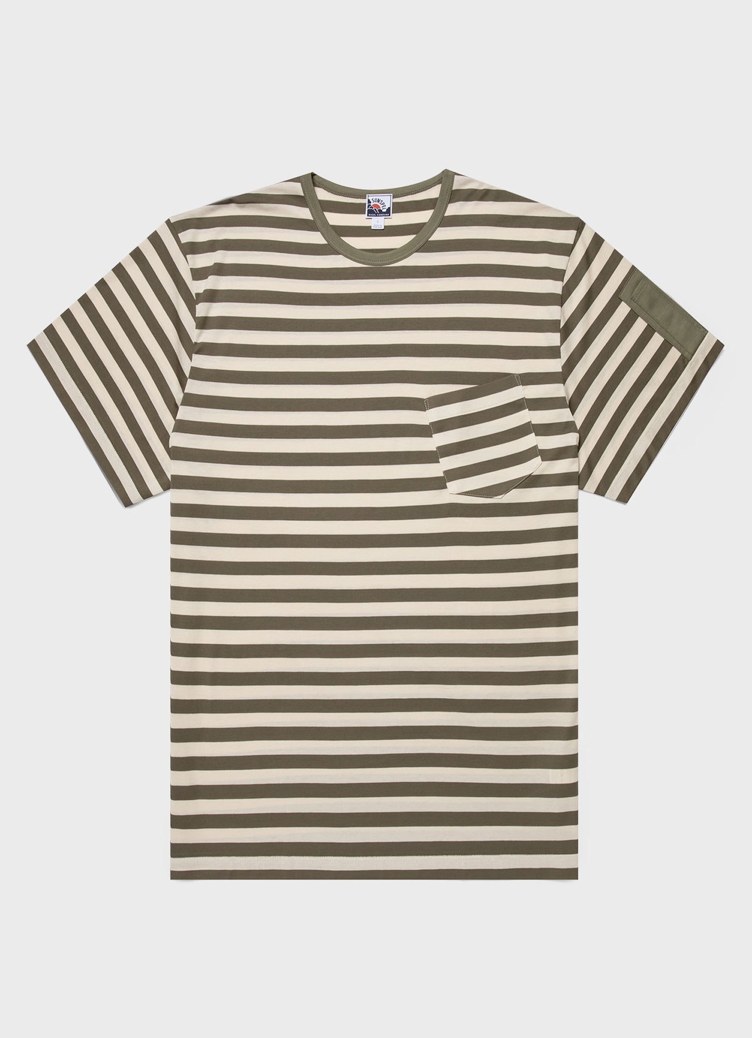 Nigel Cabourn x Sunspel Short Sleeve Pocket T-Shirt in Army/Stone Stripe - 1