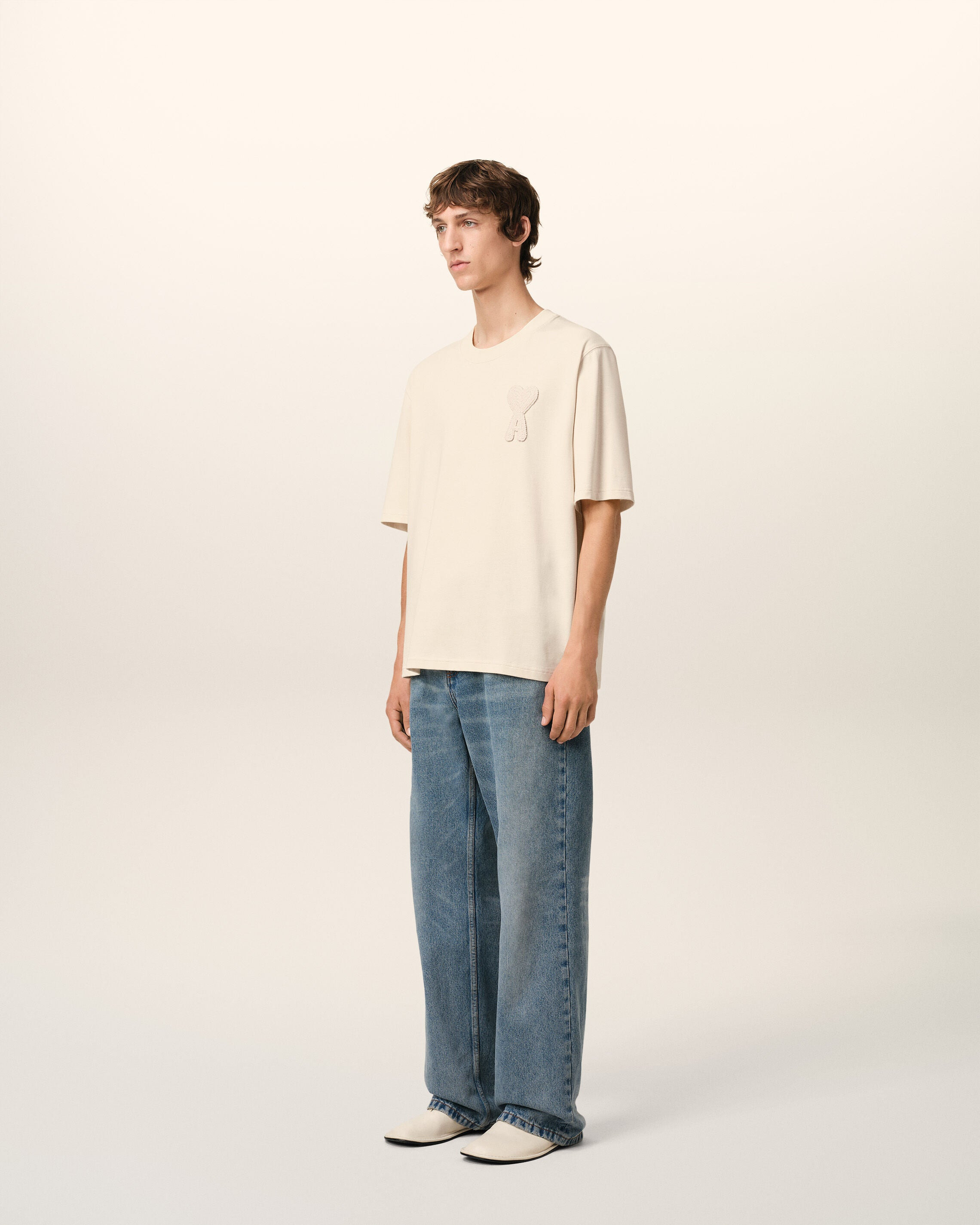 BEIGE COTTON AMI DE COEUR PATCH T-SHIRT - 6