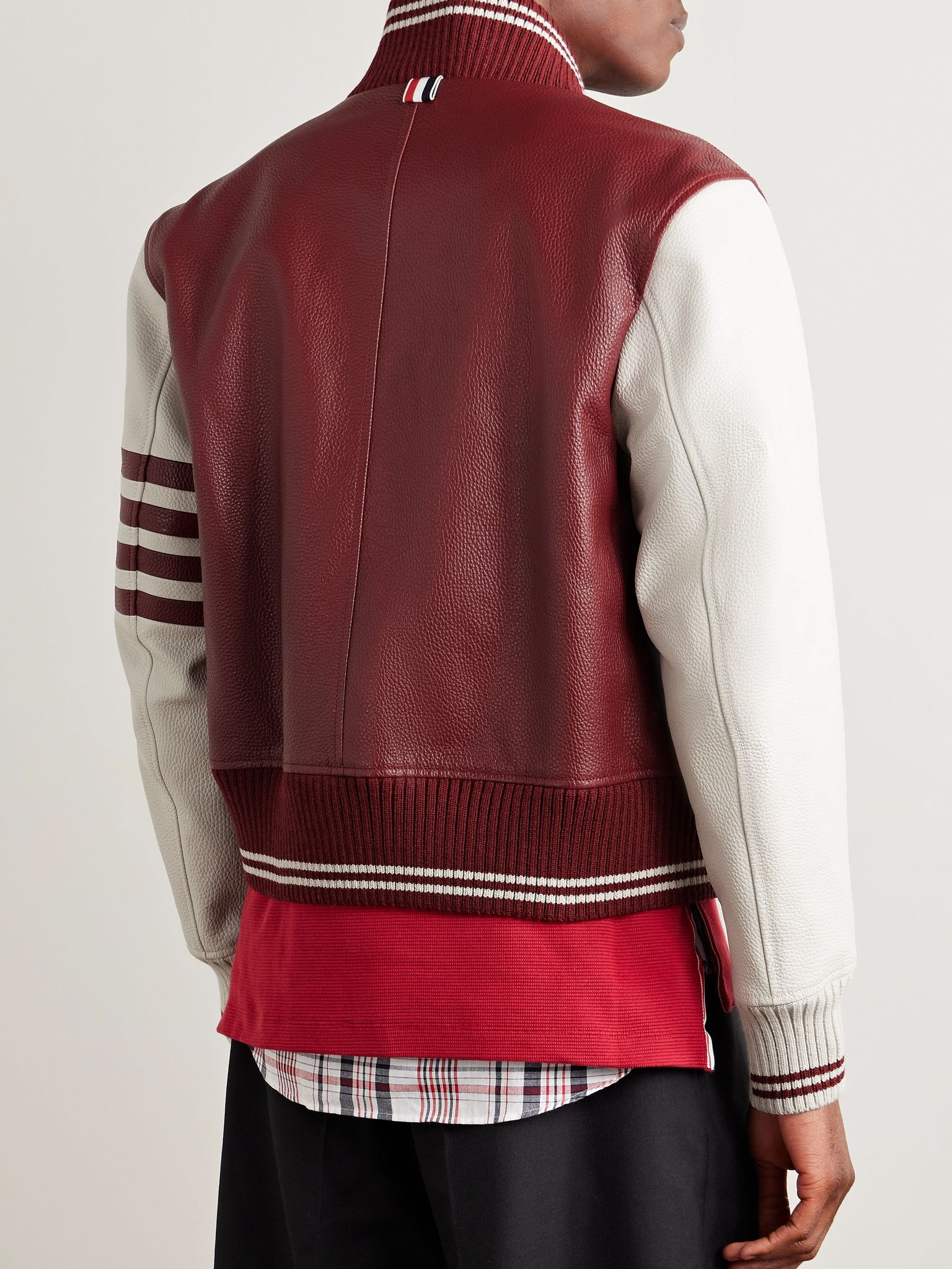 Striped Full-Grain Leather Bomber Jacket Burgundy - 3