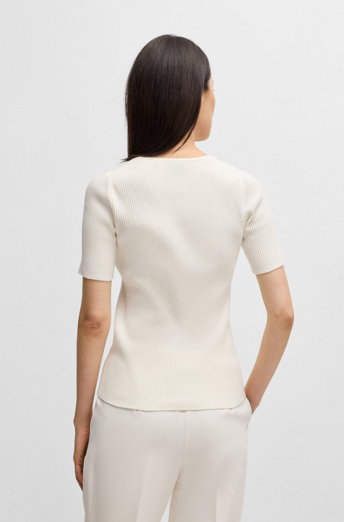 SQUARE-NECK SHORT-SLEEVED SWEATER IN RIBBED STRETCH FABRIC - 4