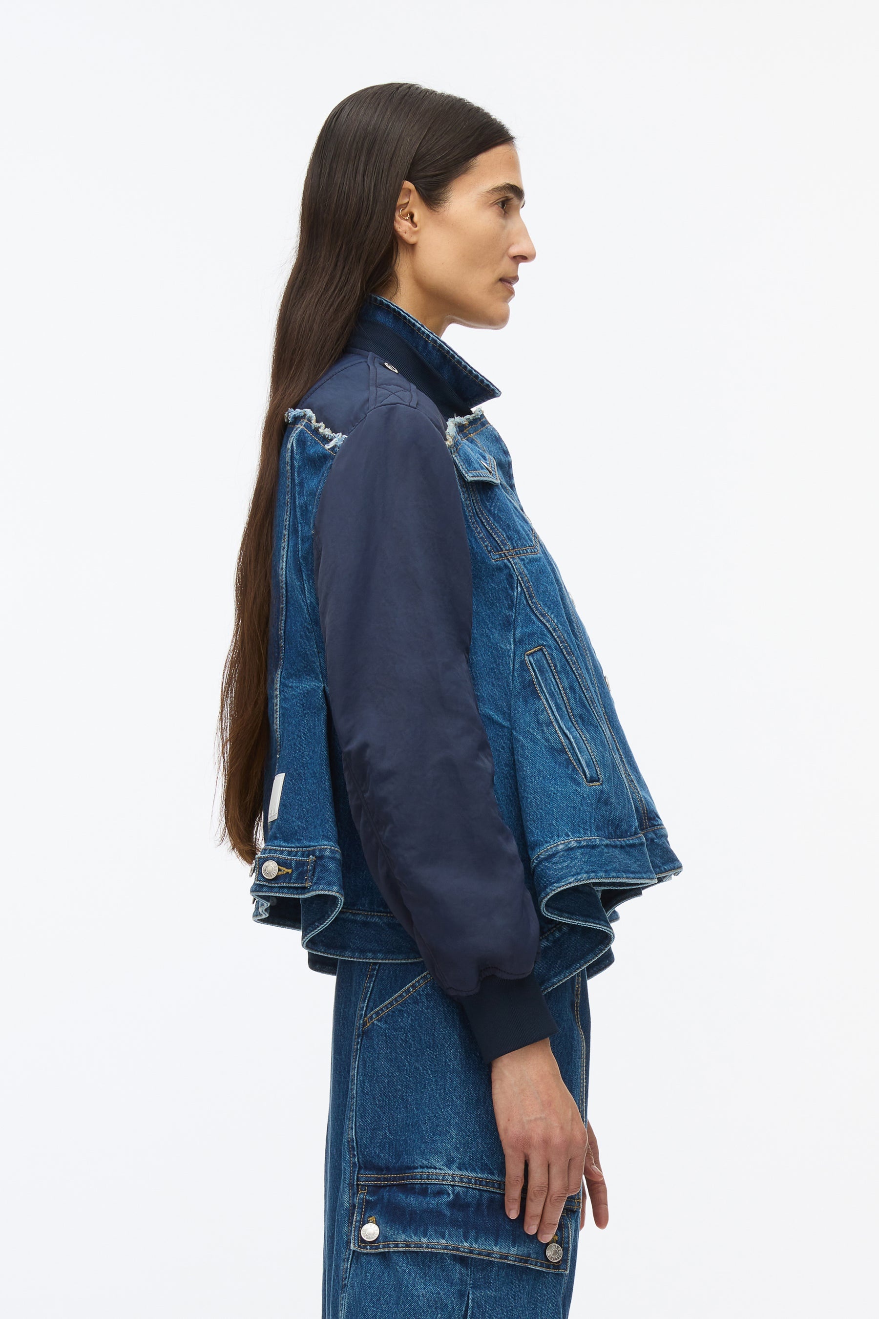 Hybrid Denim Flight Jacket With Flounce Hem - 4