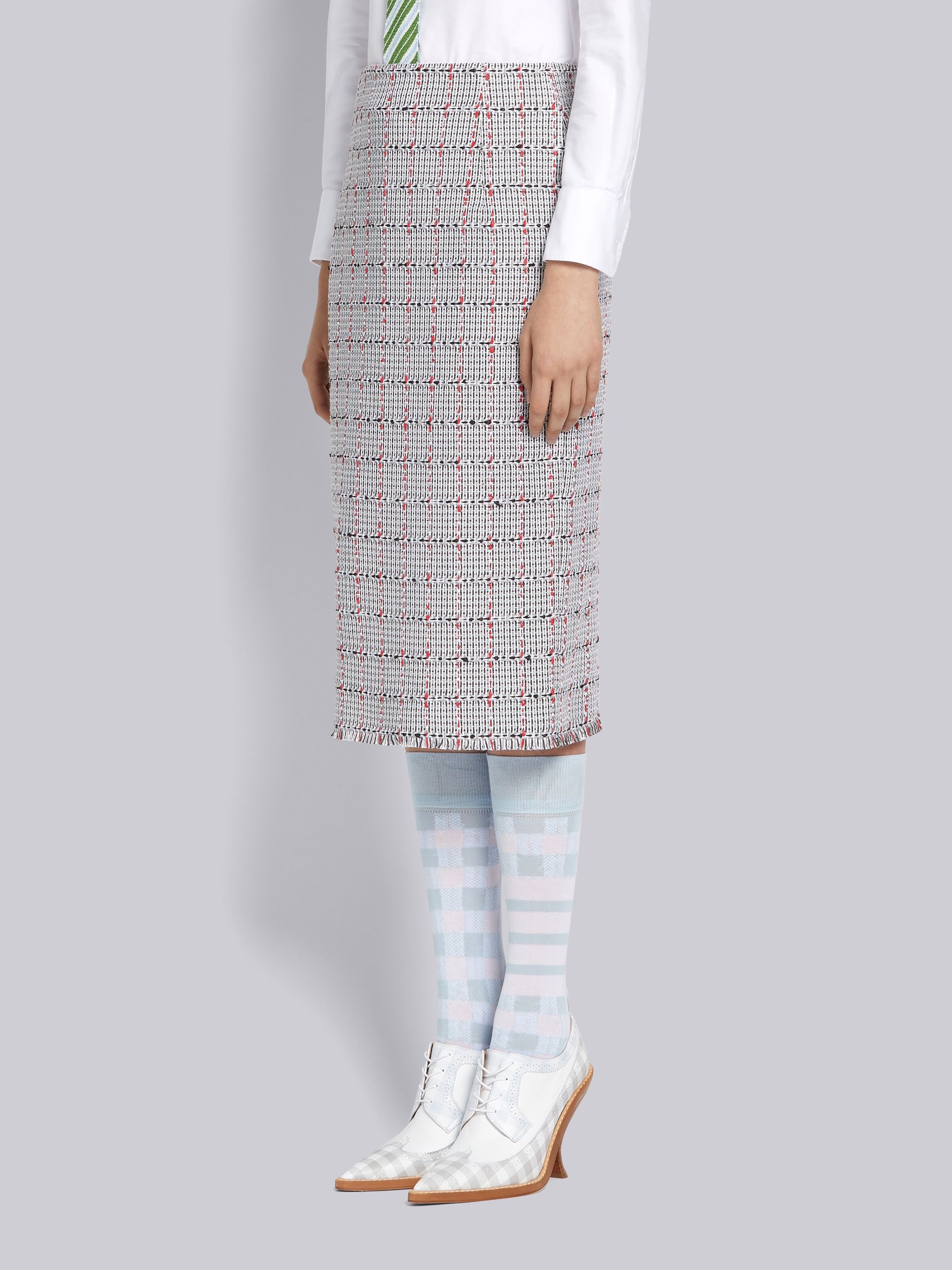 Medium Grey Cotton Windowpane University Check Tweed Frayed Low Rise Knee Pencil Skirt - 2