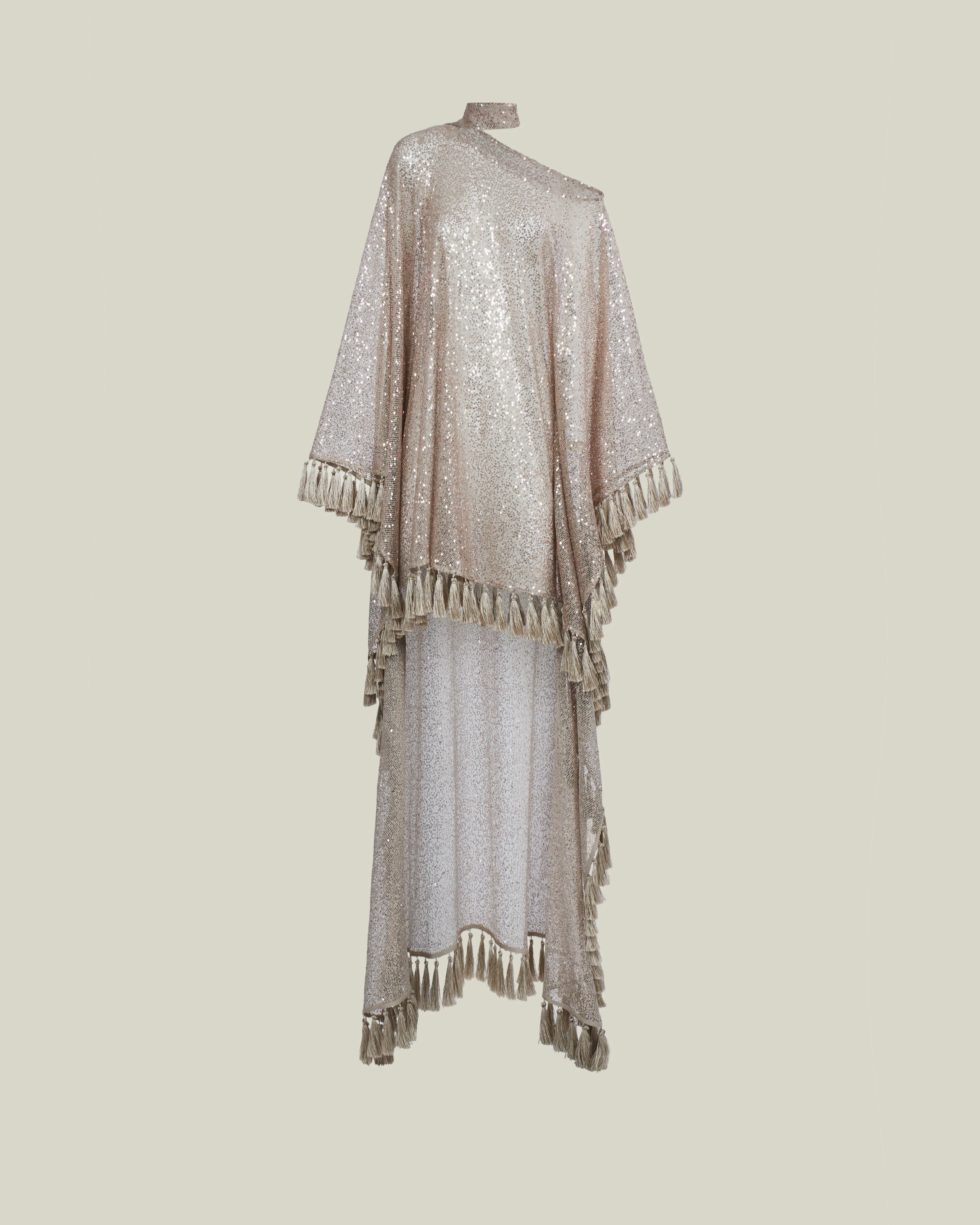 Fringed Trebbia Disco Kaftan in White Sand - 1