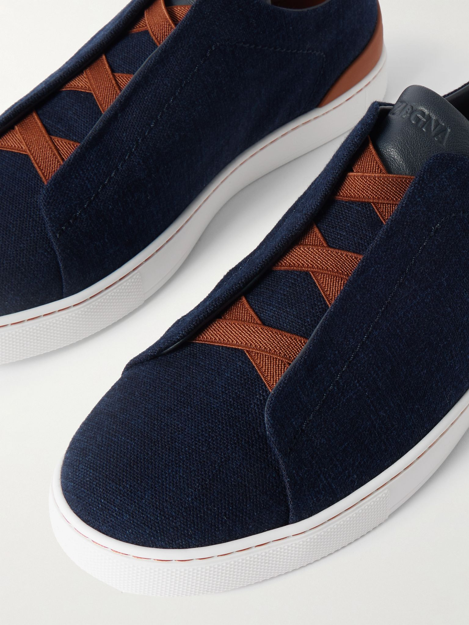 Triple Stitch Leather-Trimmed Canvas Sneakers Navy - 5
