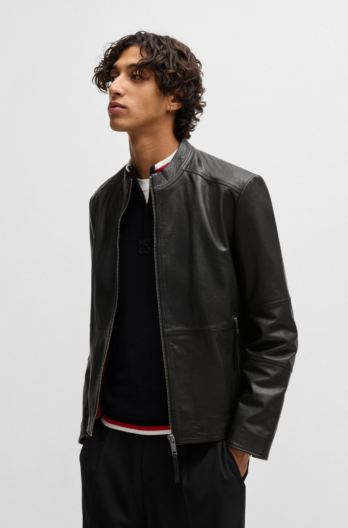 SLIM-FIT JACKET IN LEATHER WITH STAND COLLAR - 2