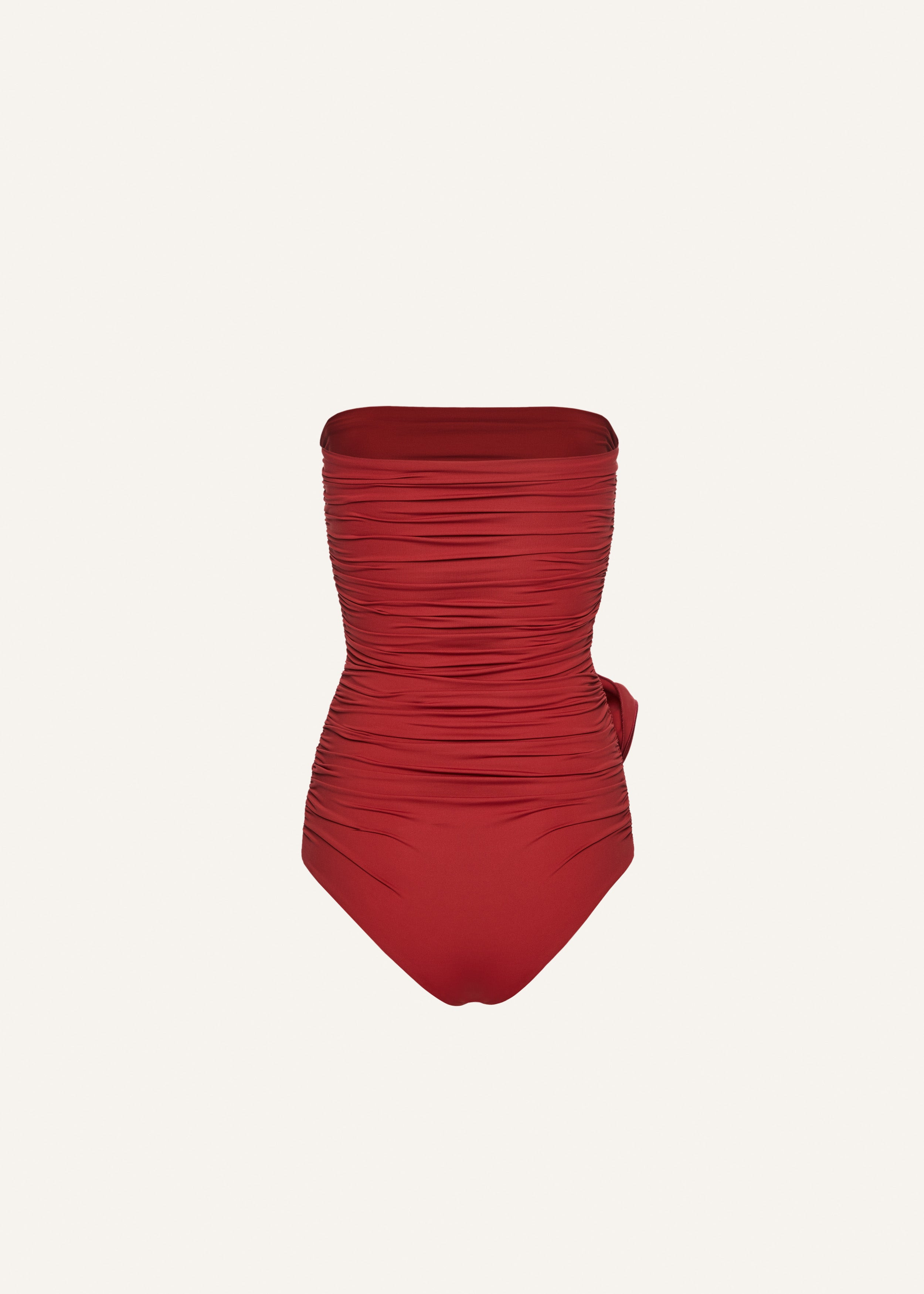 Flower appliqué strapless draped swimsuit in red - 2