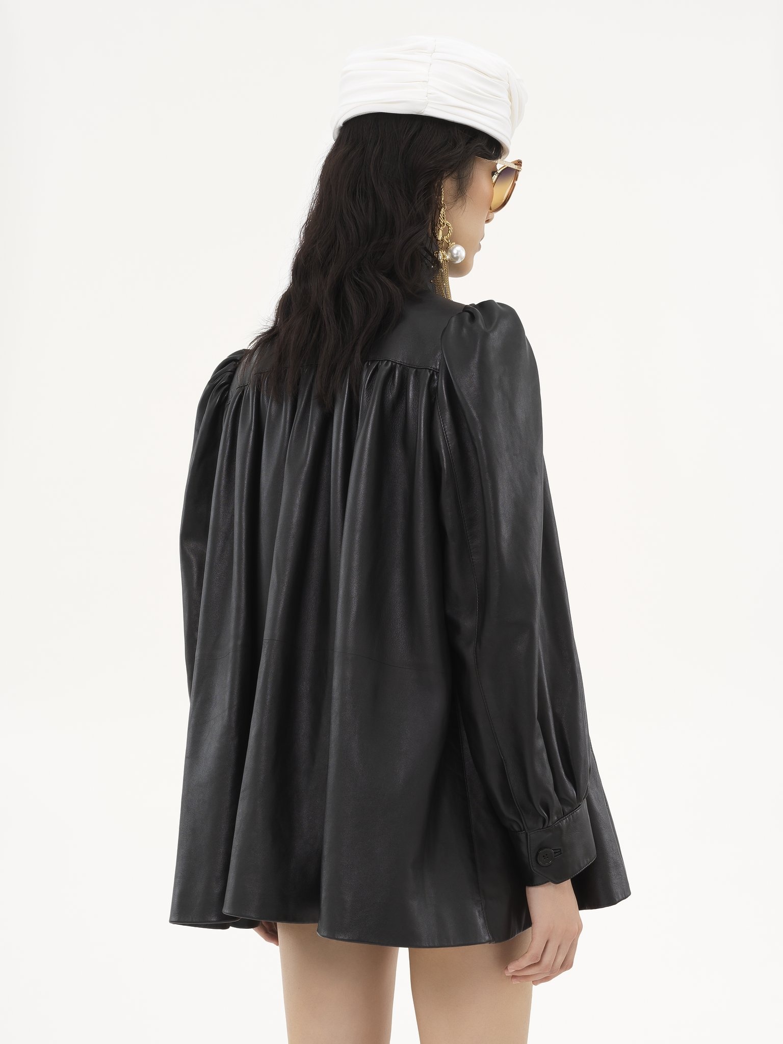 HIGH-NECK GATHERED COAT IN LEATHER - 6