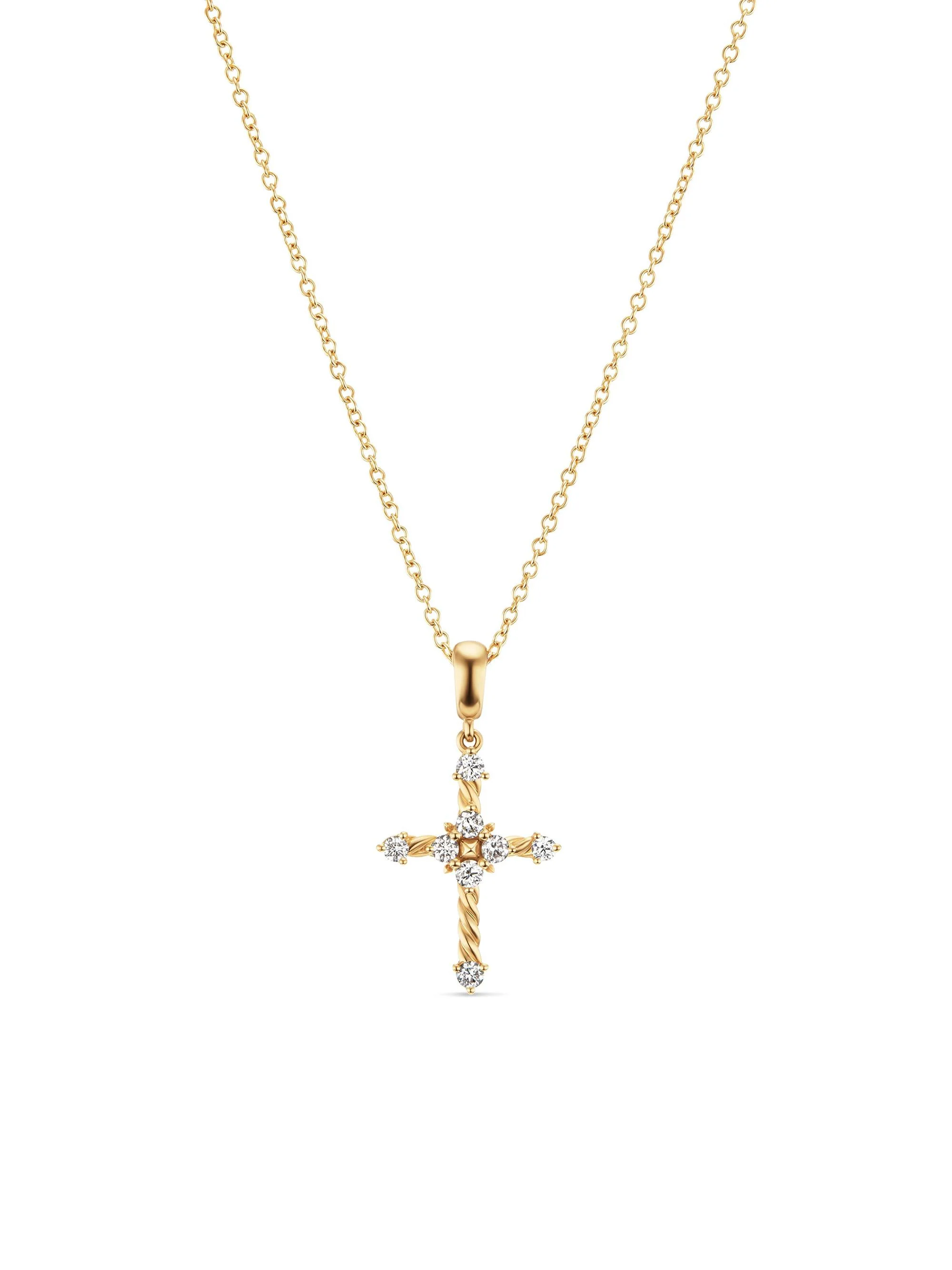 Women's Petite Modern Renaissance Cross Pendant Necklace in 18K Yellow Gold with Diamonds, 22.1MM - - 1
