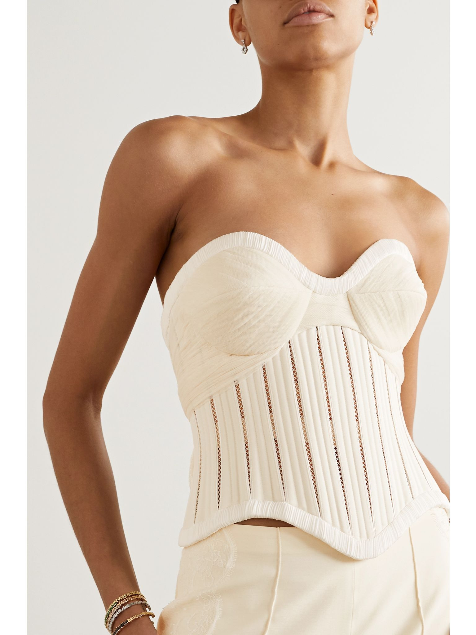 Anika strapless cotton-blend twill, tulle and plissé-satin bustier top White - 3
