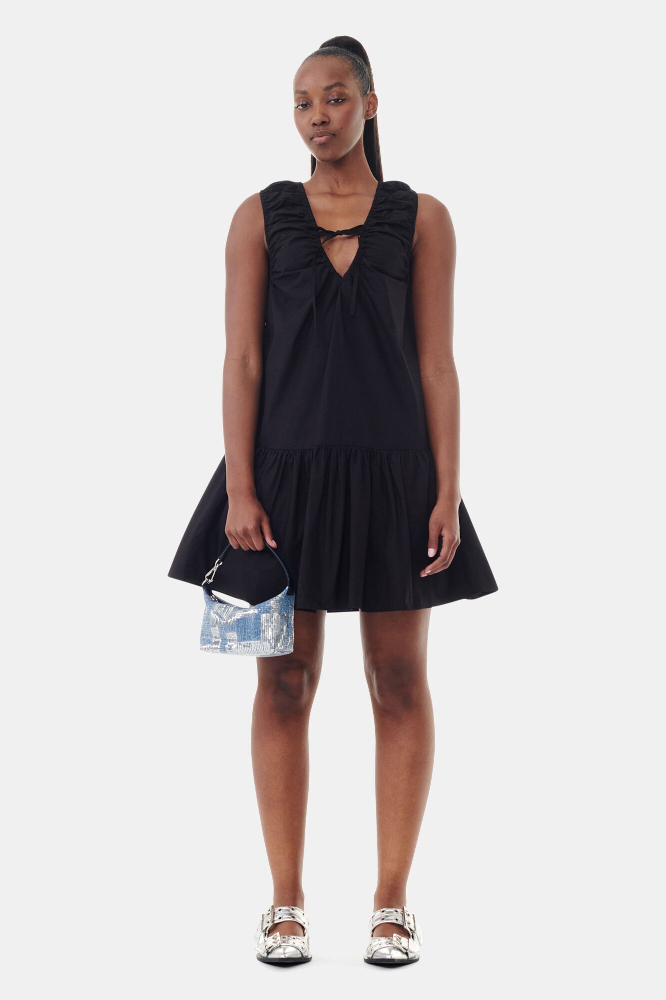 BLACK COTTON POPLIN MINI DRESS - 2