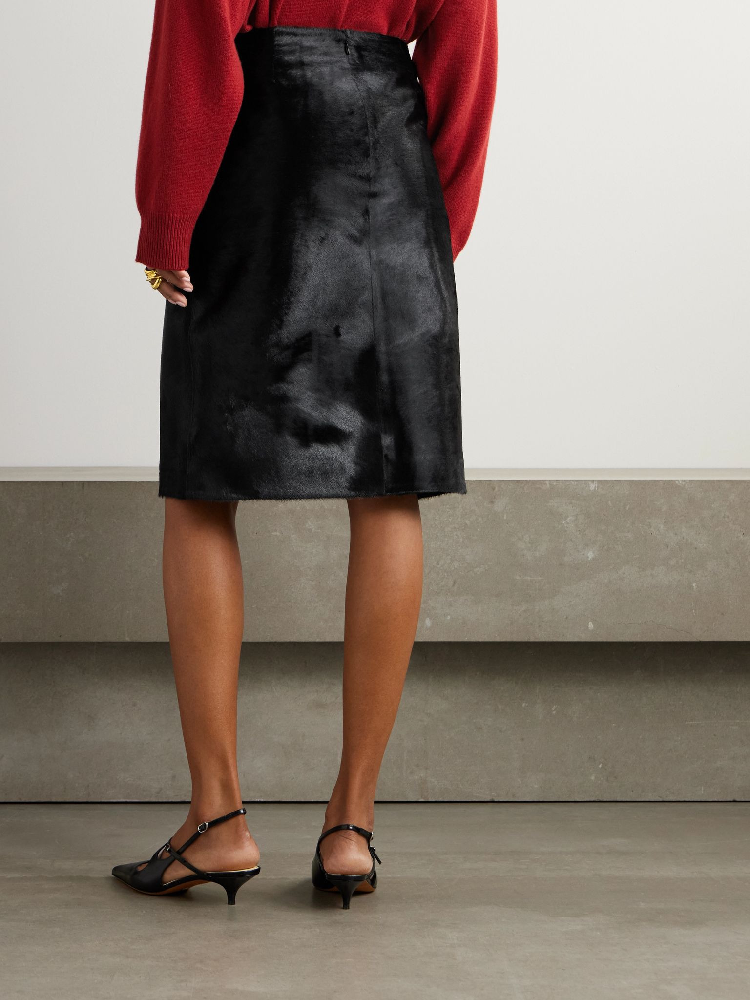 Myra wrap-effect calf hair midi skirt Black - 4
