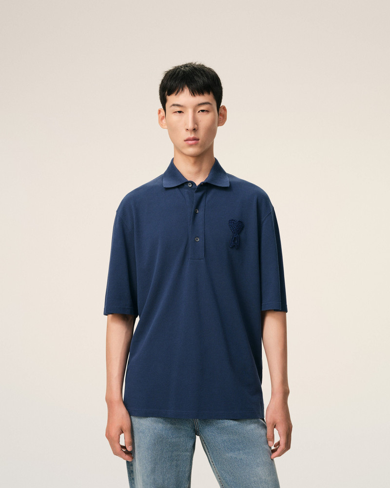 AMI Paris BLUE COTTON AMI DE COEUR KNITTED PATCH POLO outlook