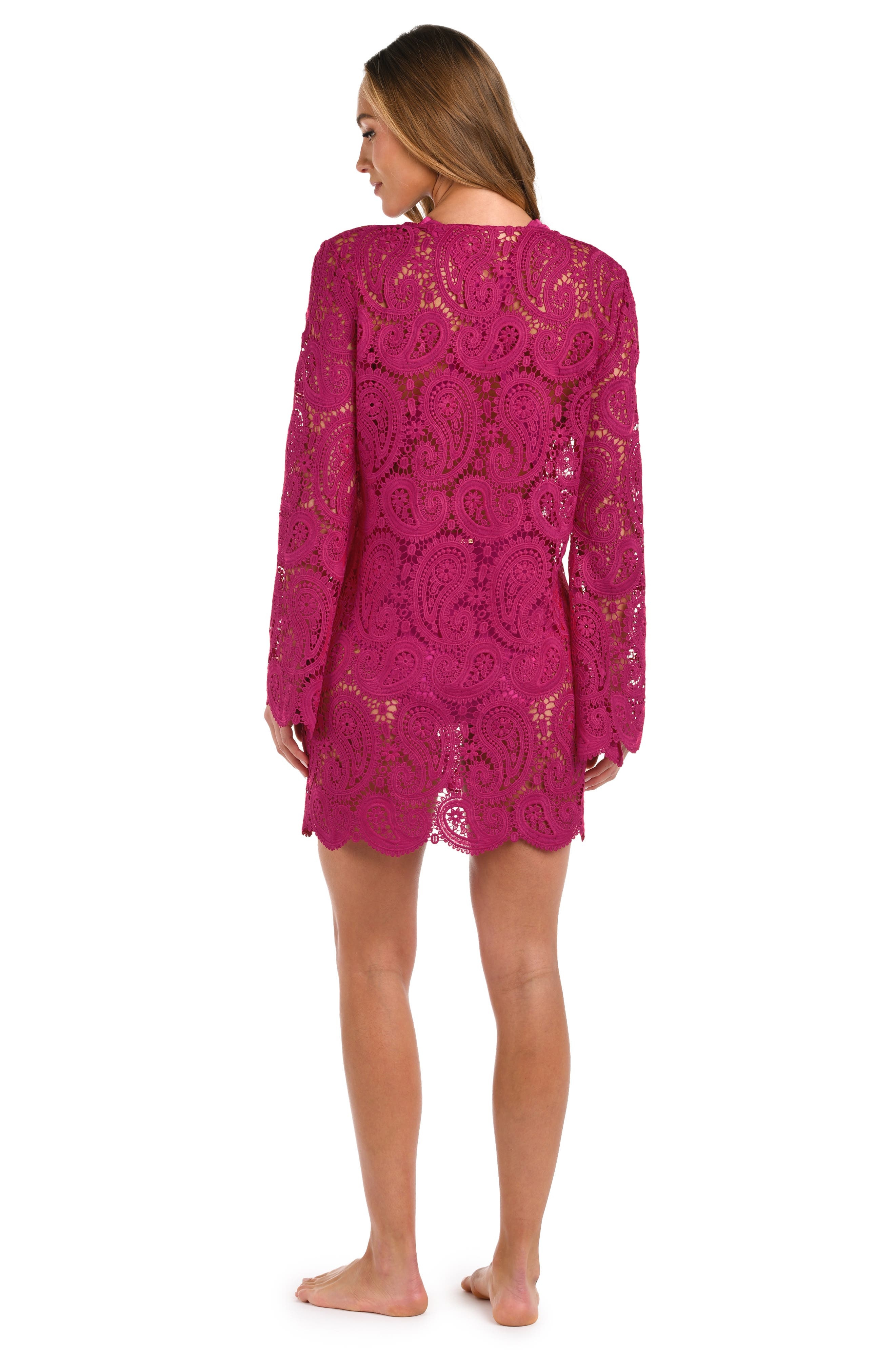 L'AGENCE Ansley Paisley Long Sleeve Cover-Up Dress in Fuchsia at Nordstrom - 4