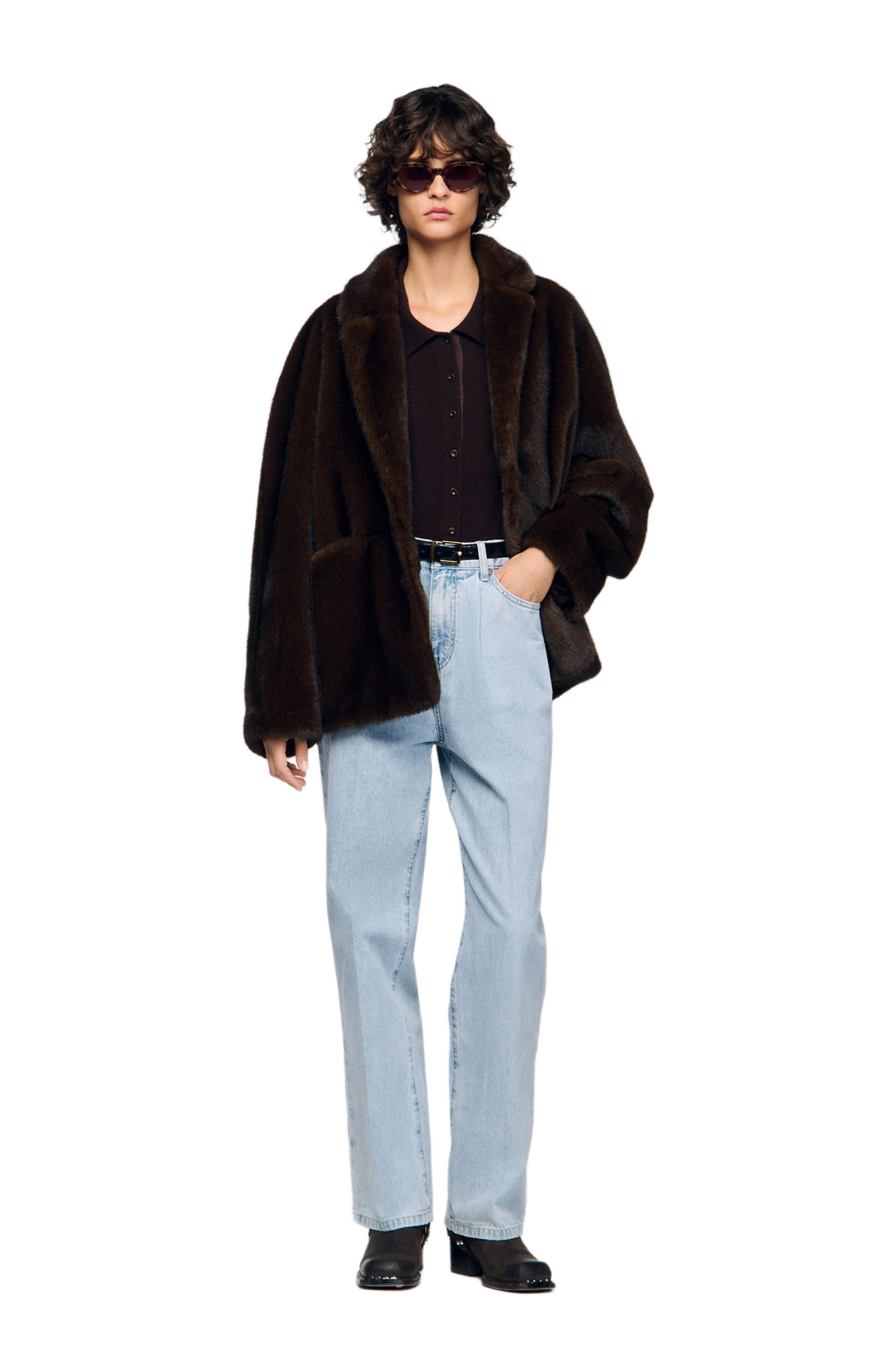 SANDRO Faux fur coat jacket in Black Brown at Nordstrom - 6