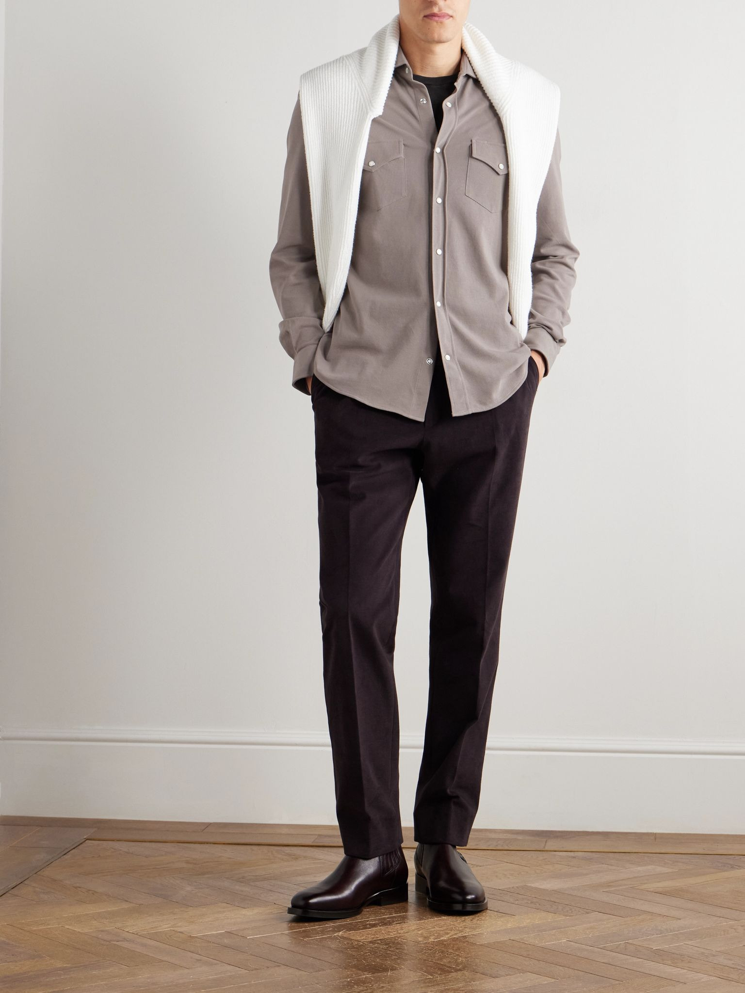 Slim-Fit Cotton-Piqué Western Shirt Beige - 2