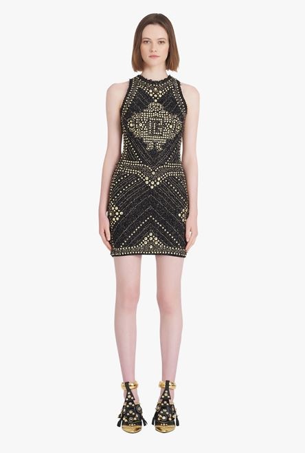 Short black tweed dress with embroidered gold-tone studs - 4