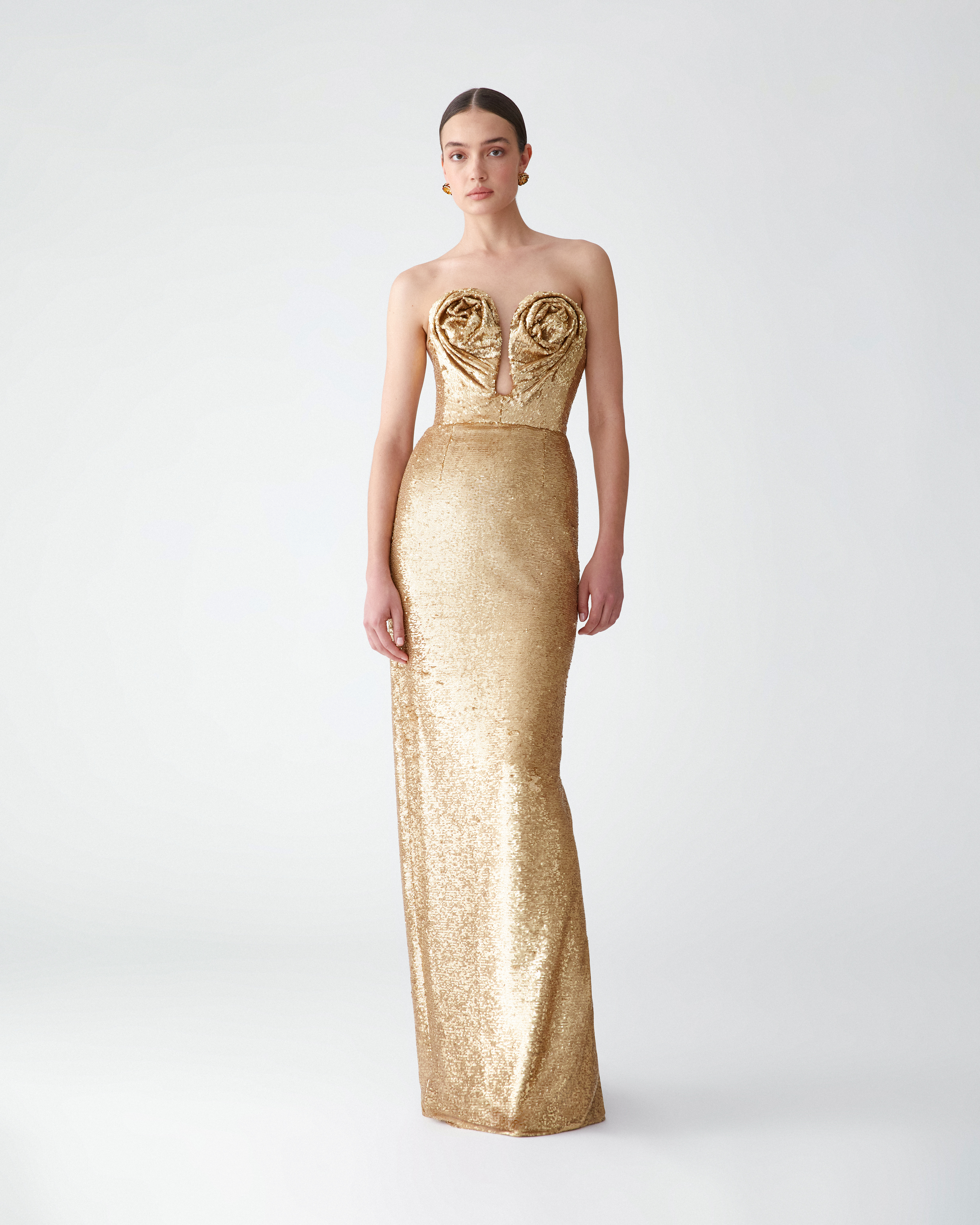 U-Neck Sequined Gown with Rosettes - 2