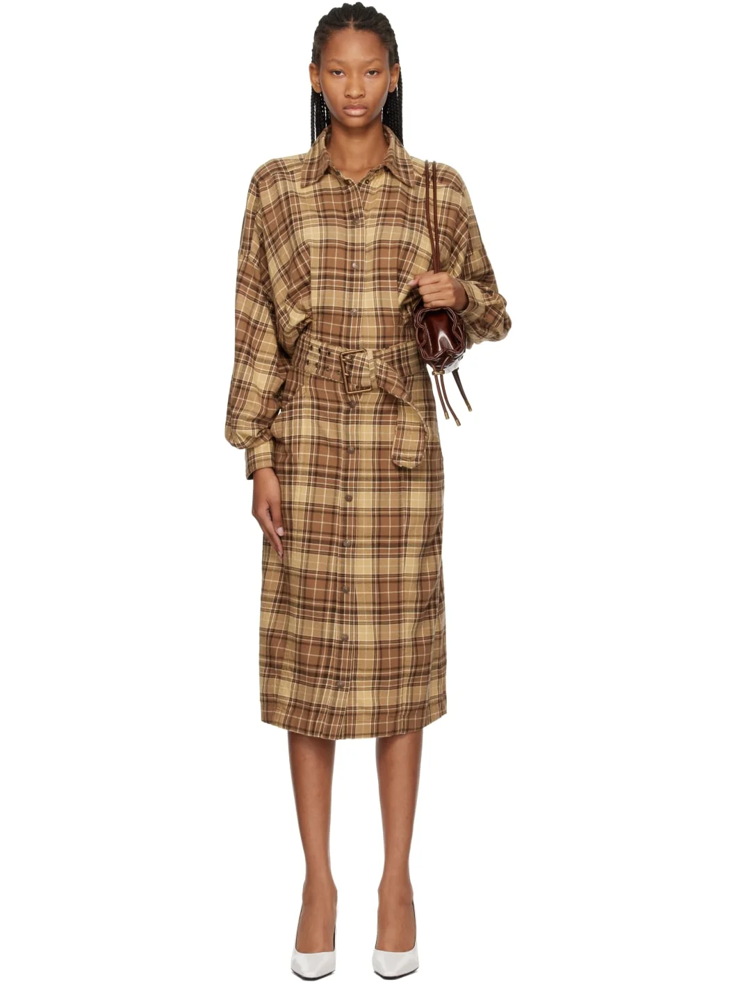 Brown Check Flannel Wide Belt Midi Dress - 1