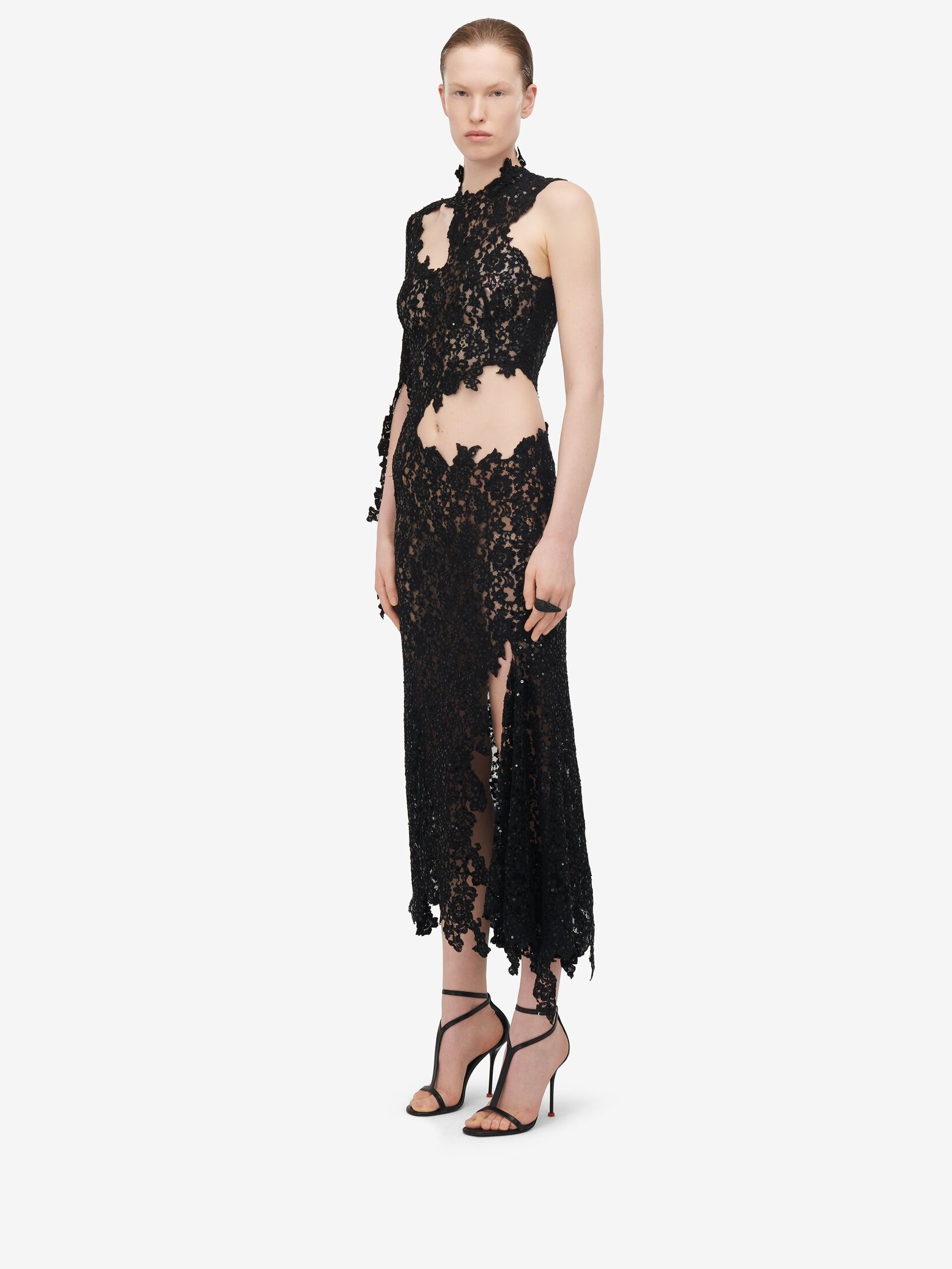 Women's Asymmetric Cut-out Lace Dress in Black - 5