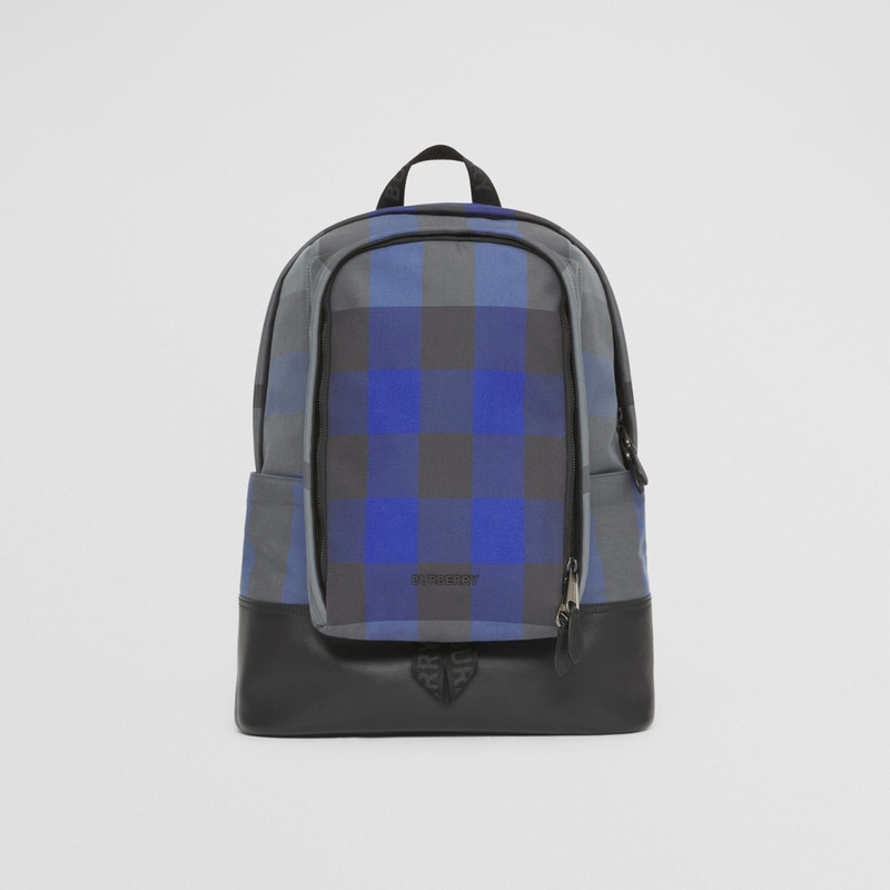 Large Check Cotton Canvas and Leather Backpack 1
