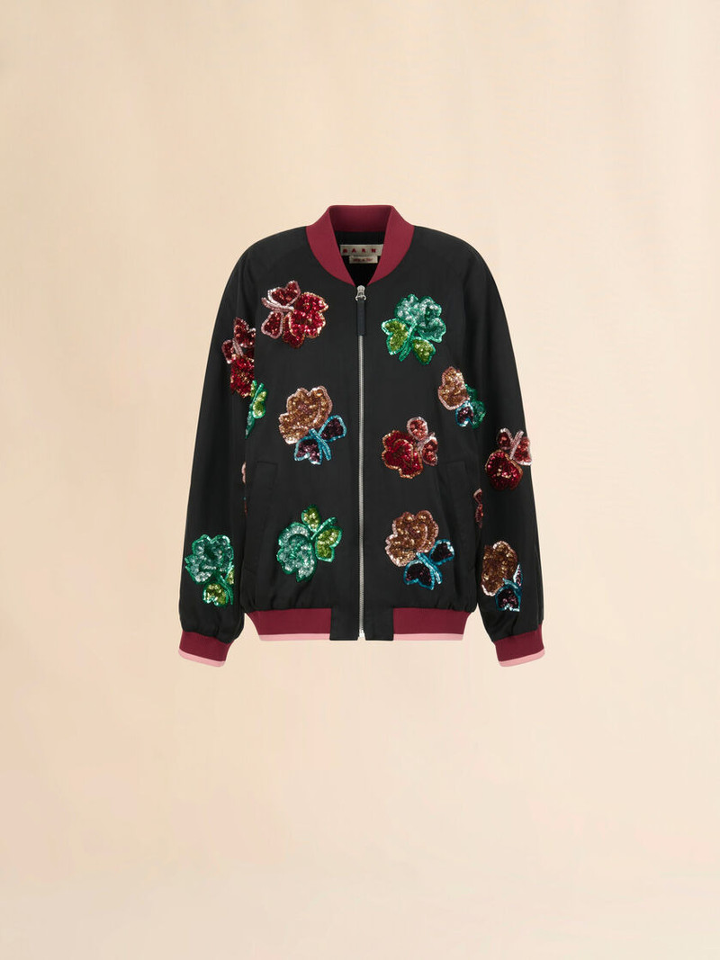 BLACK SATIN JACKET WITH SEQUIN FLOWERS 1