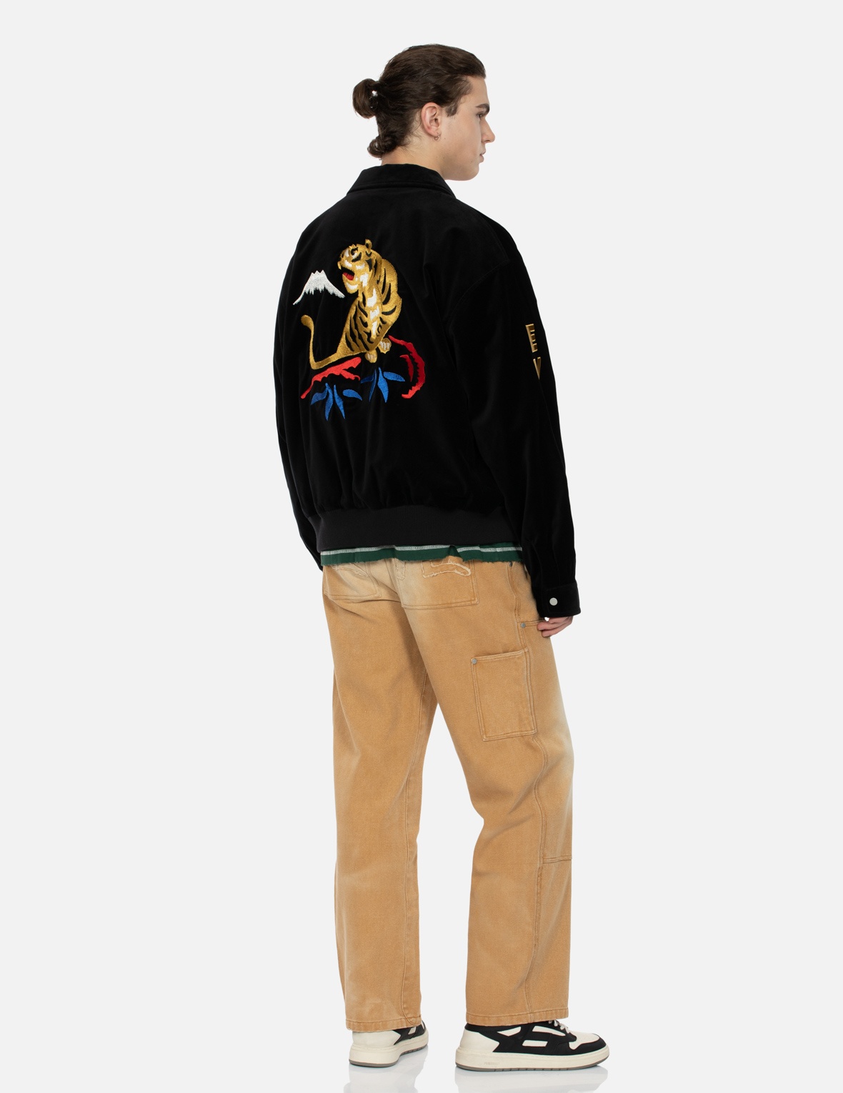 TIGER AND LOGO EMBROIDERY OVERSIZED VELVET BOMBER JACKET - 3