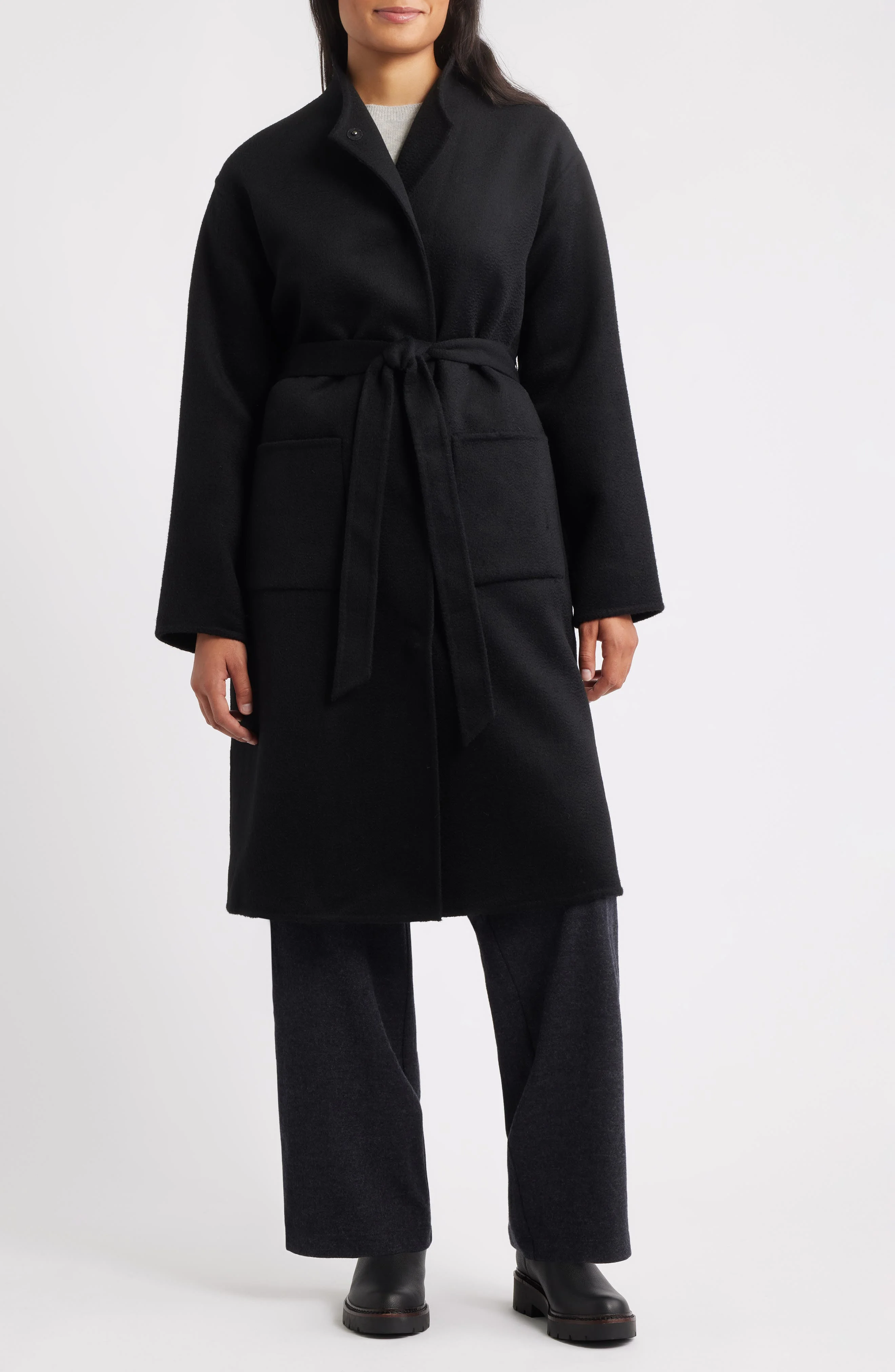 Eileen Fisher Belted Stand Collar Wool Coat in Black at Nordstrom - 1
