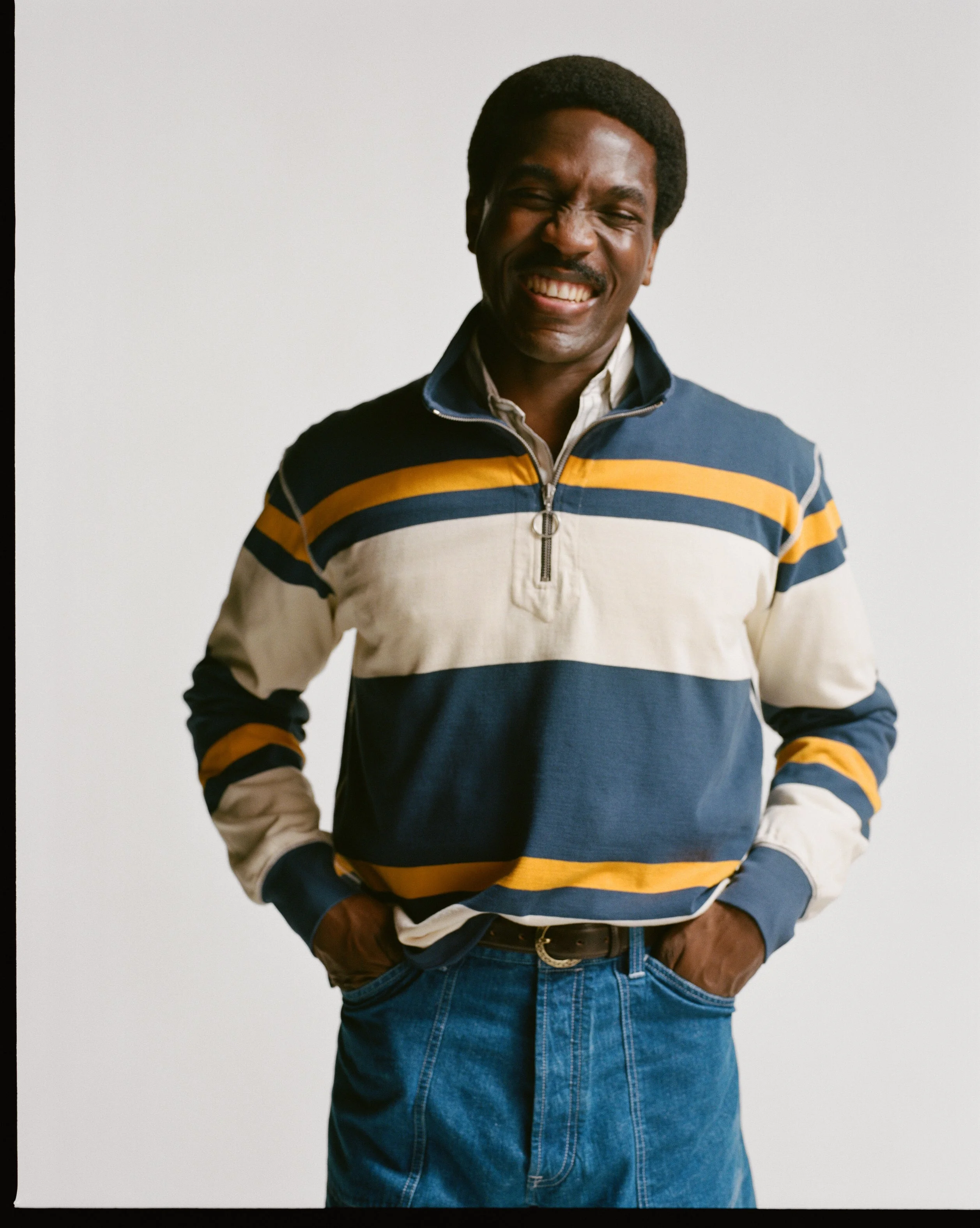 Navy and Yellow Stripe Cotton Quarter Zip Rugby Shirt - 1