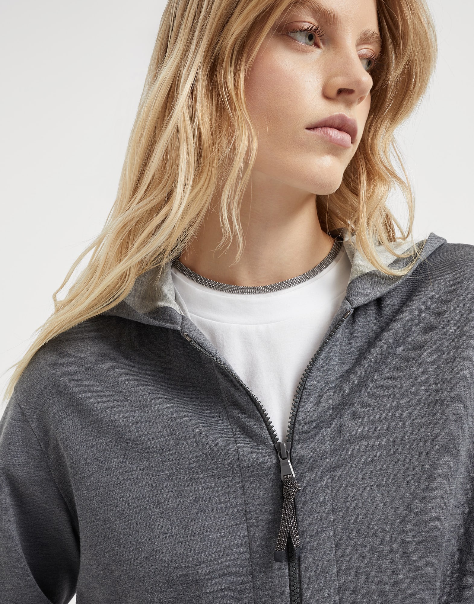 Cotton and silk interlock hooded sweatshirt with precious zipper pull - 3