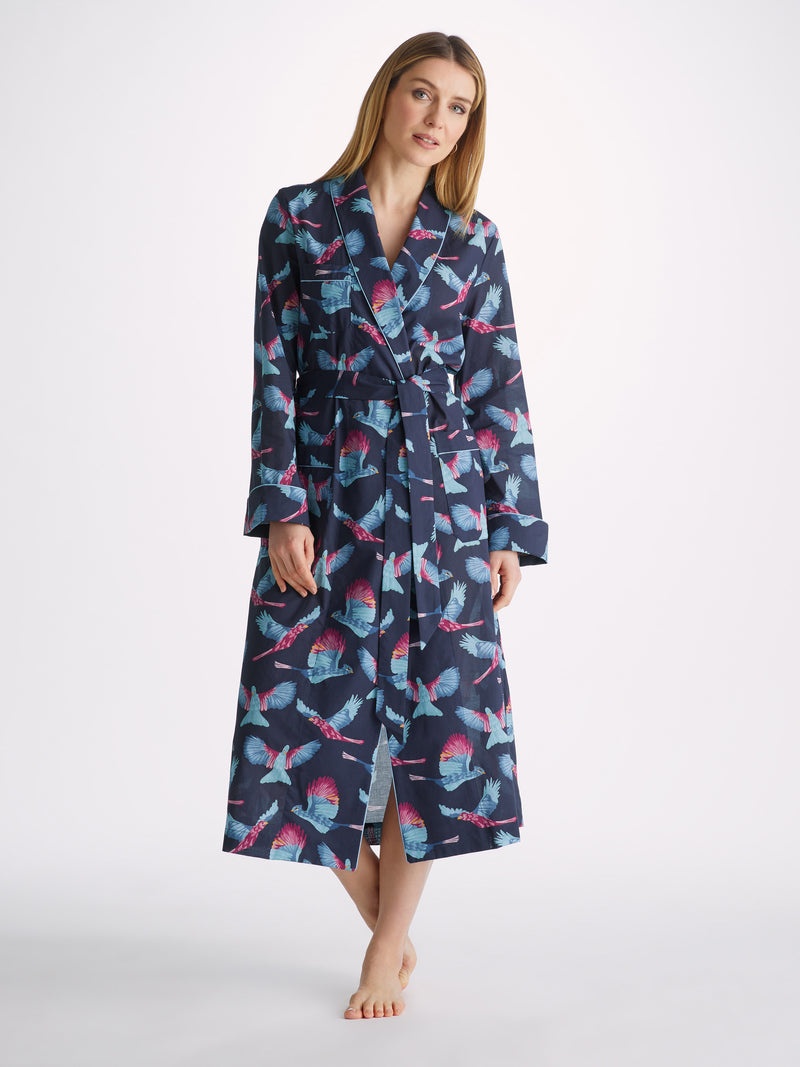 Derek Rose Women's Long Dressing Gown Ledbury 63 Cotton Batiste Navy |  derekrose | REVERSIBLE