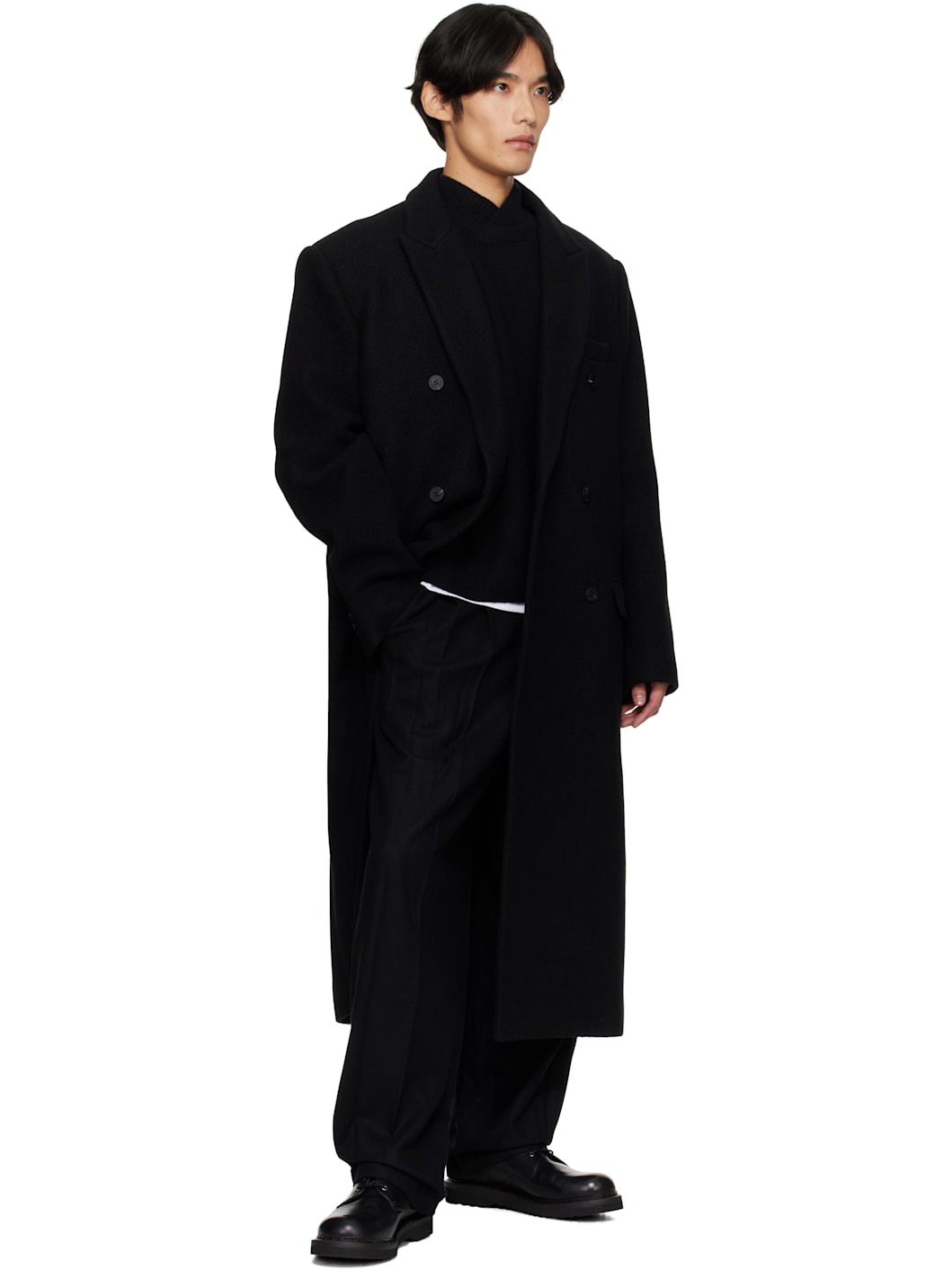 Black Double-Breasted Long Coat - 4