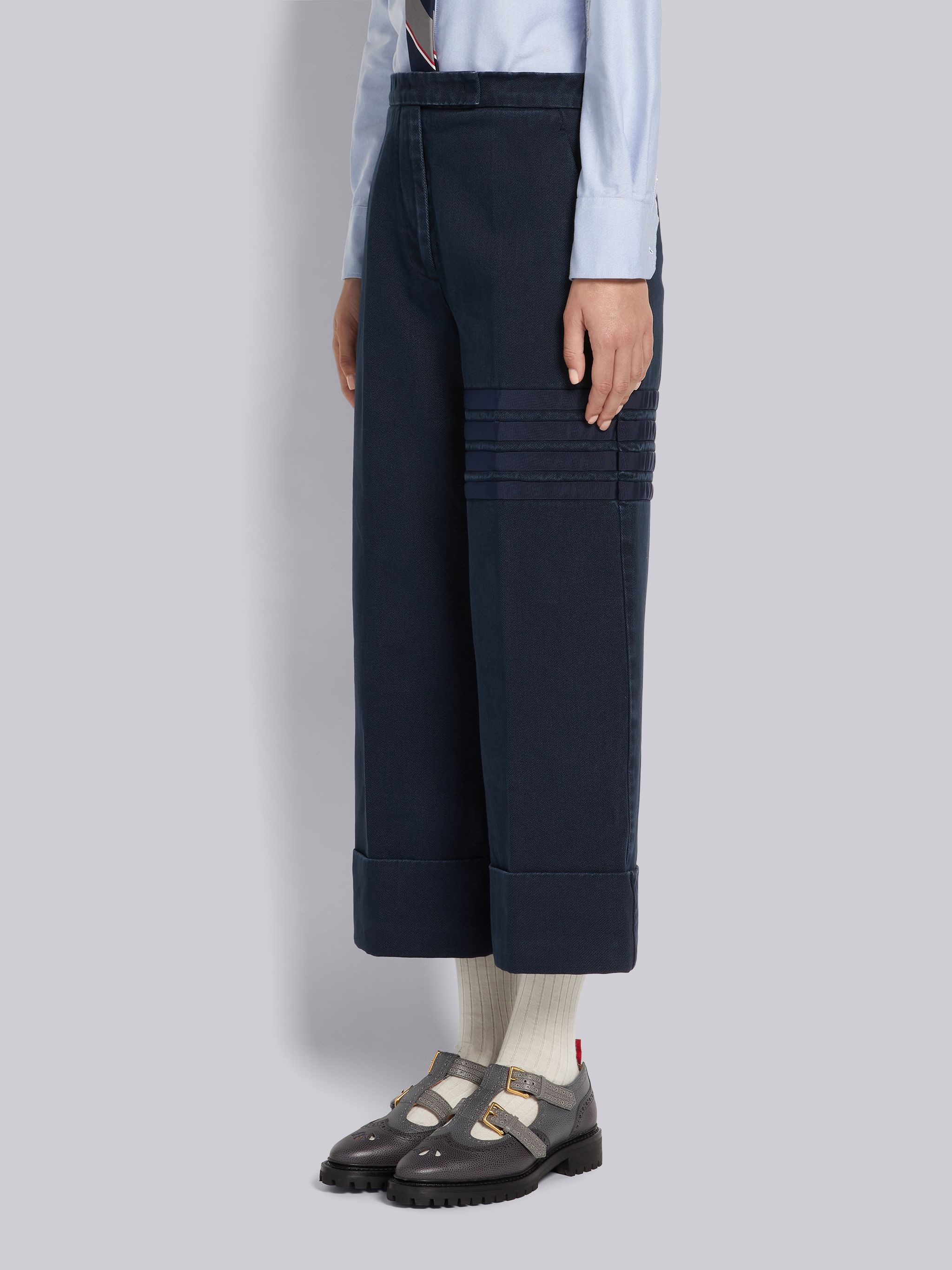Navy Heavyweight Garment Dyed Cotton Twill Tonal Grosgrain 4-Bar Sack Trouser - 2