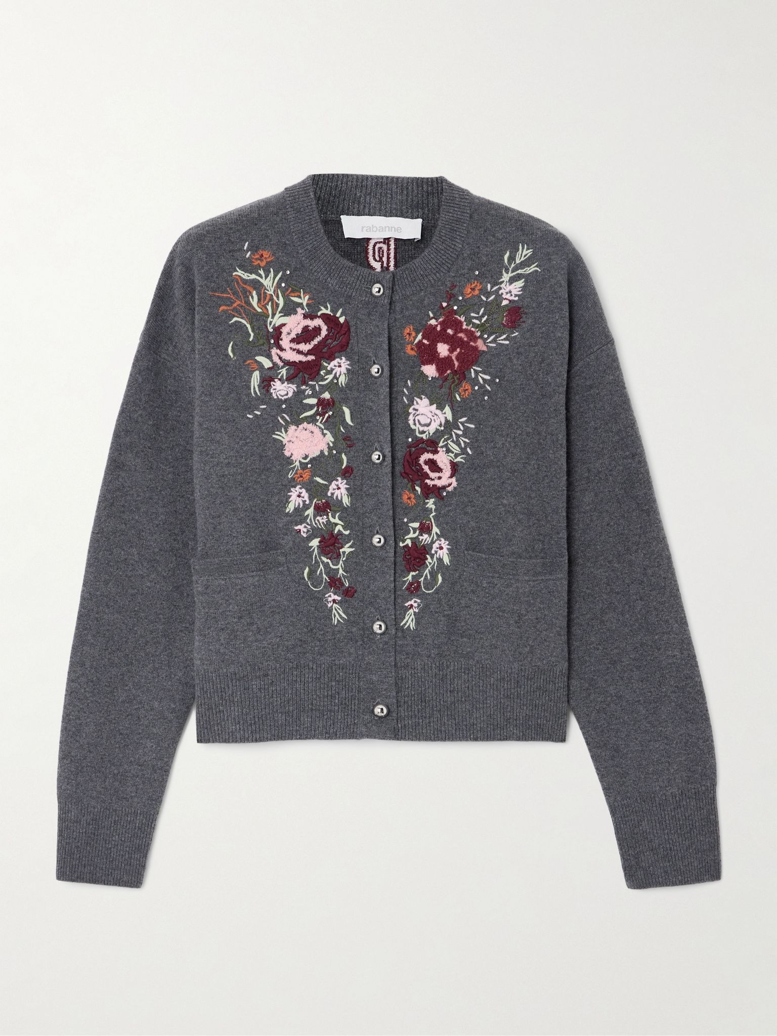 Embroidered crystal-embellished wool and cashmere-blend cardigan Dark gray - 1