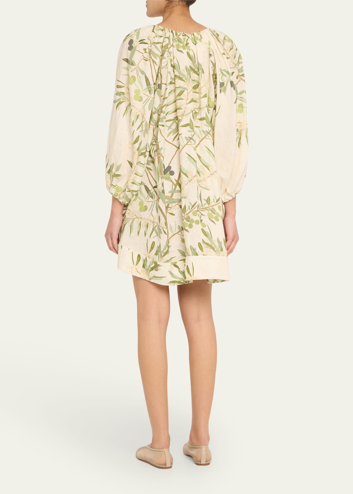 Flowy Puff-Sleeve Printed Linen Mini Dress - 3