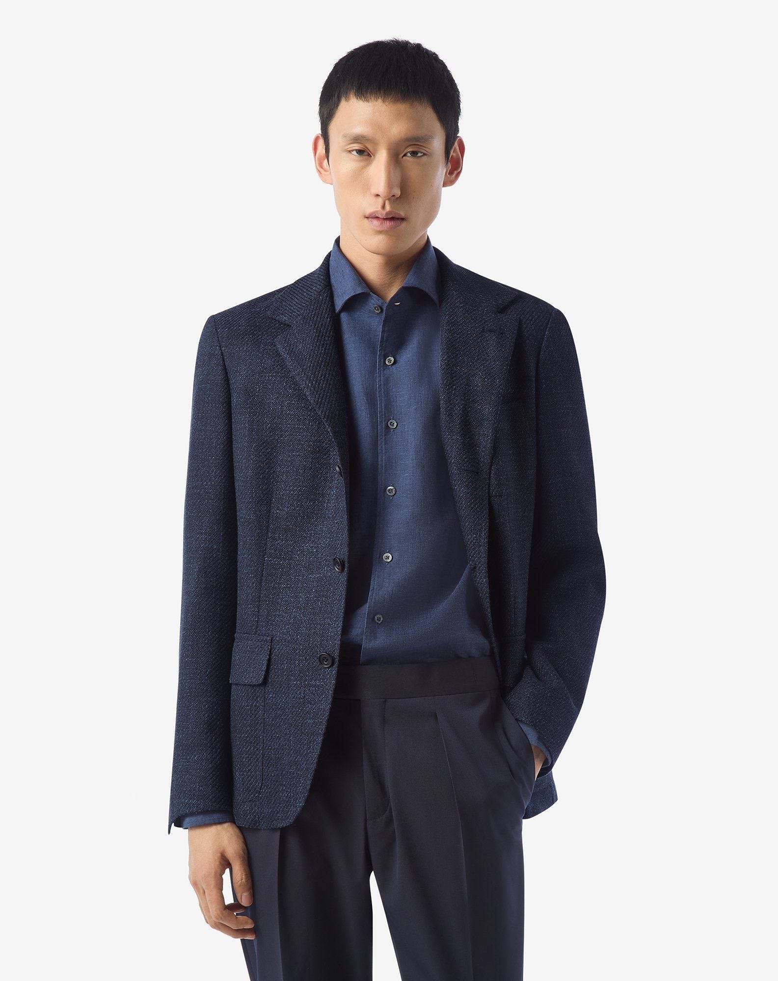 Navy blue wool, silk linen and cotton jacket - 2